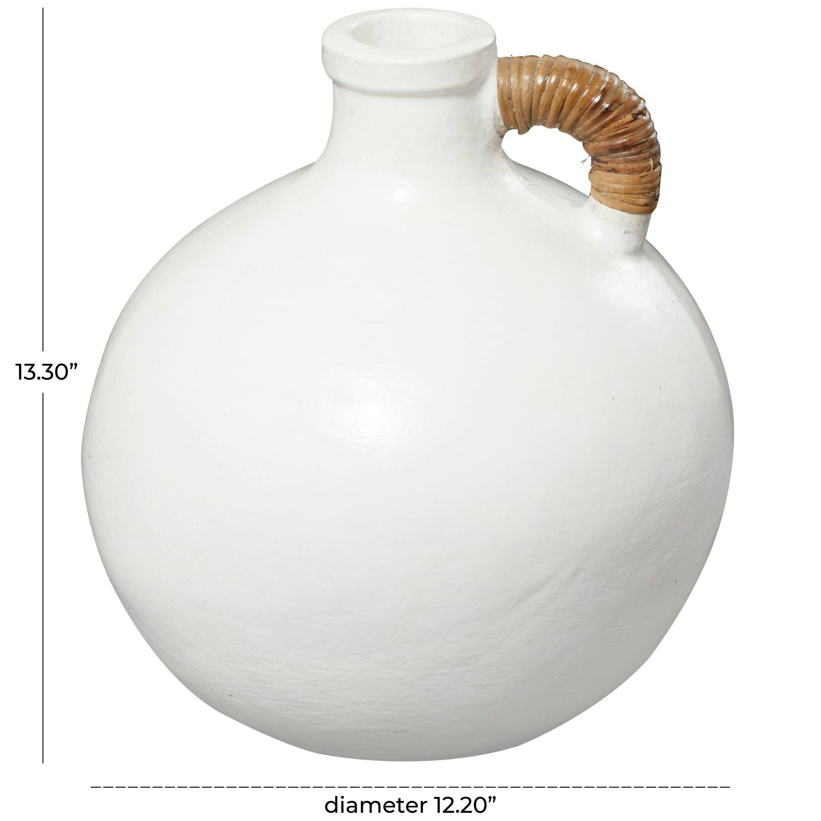 13" White Ceramic Jug Inspired Vase with Rattan Wrapped Handle