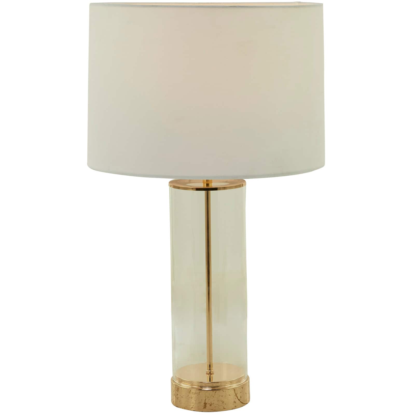 CosmoLiving by Cosmopolitan Gold Tempered Glass Transparent Base Table Lamp with Drum Shade 14" x 14" x 25"