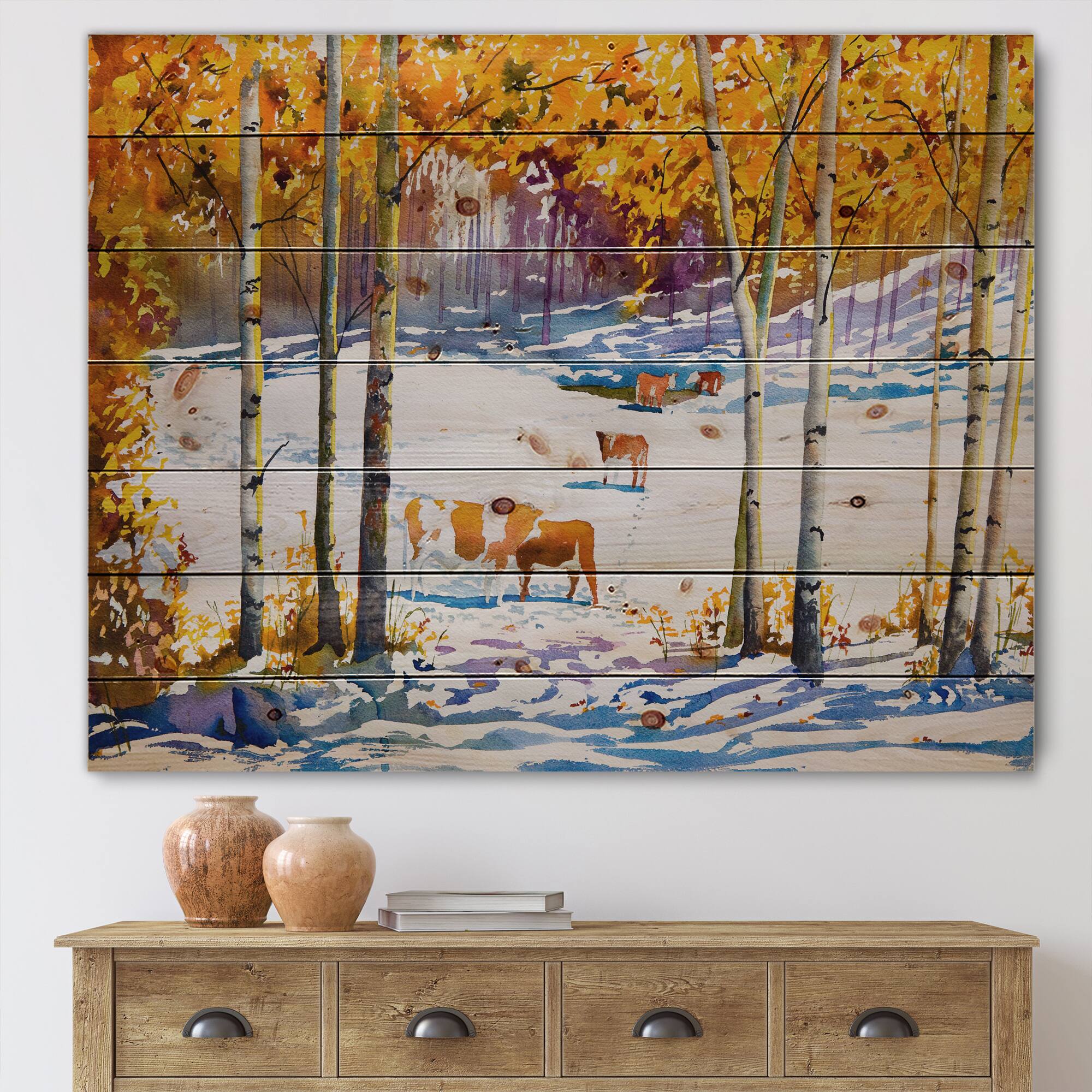 Designart - Cattle In The Early Snow In The Forest - Farmhouse Print on Natural Pine Wood