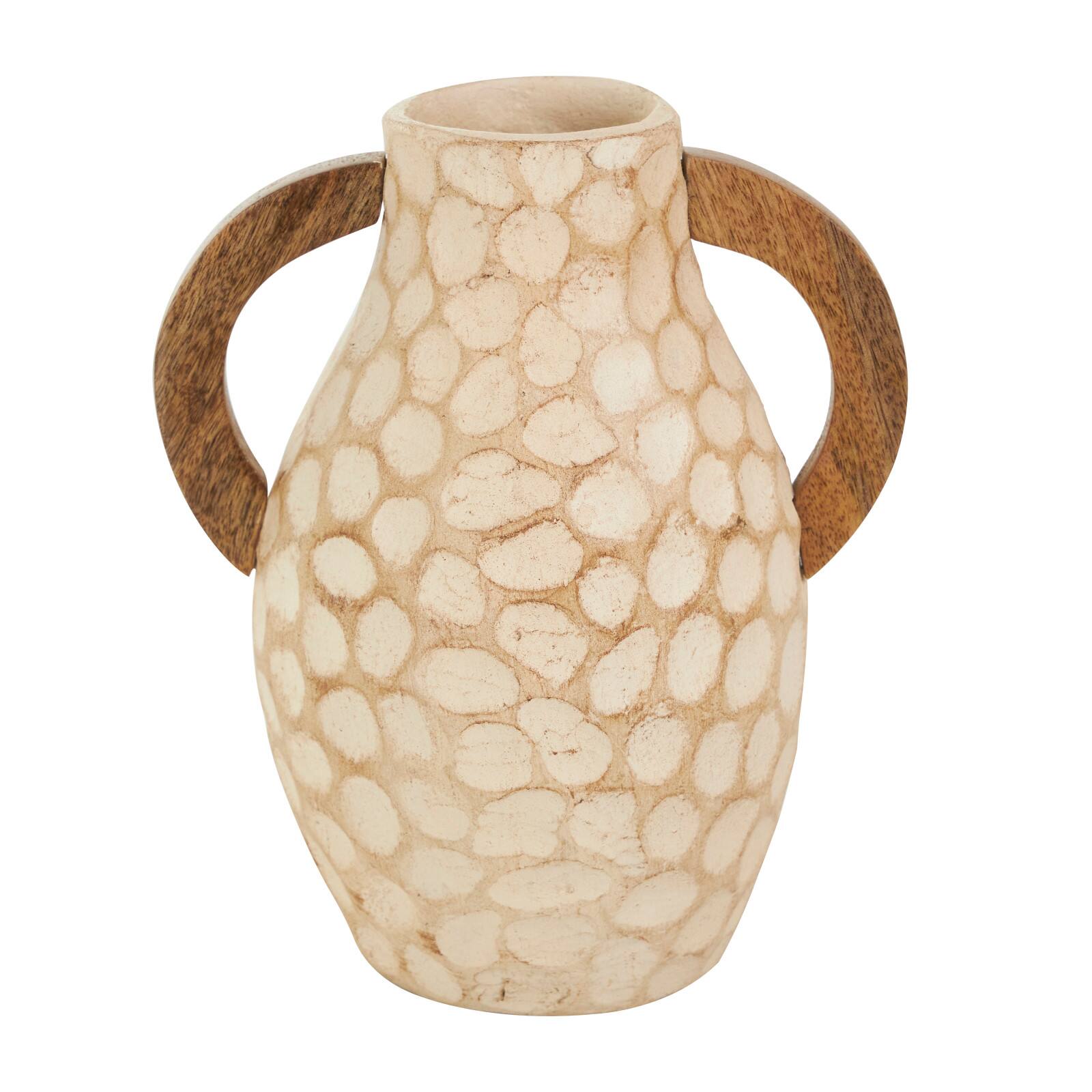 Beige Paper Mache Honeycomb Inspired Jug Vase with Wooden Handle Set