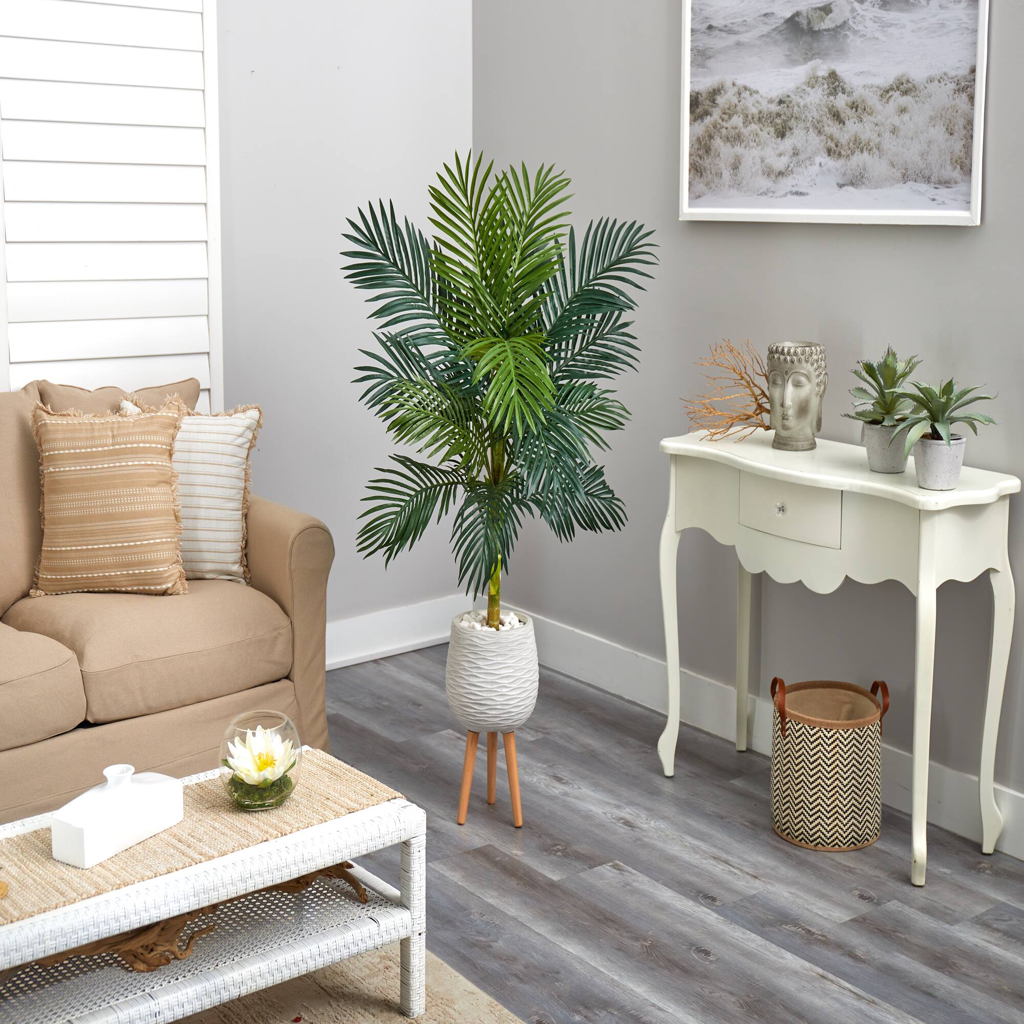 5ft. Golden Cane Artificial Palm Tree in White Planter with Stand