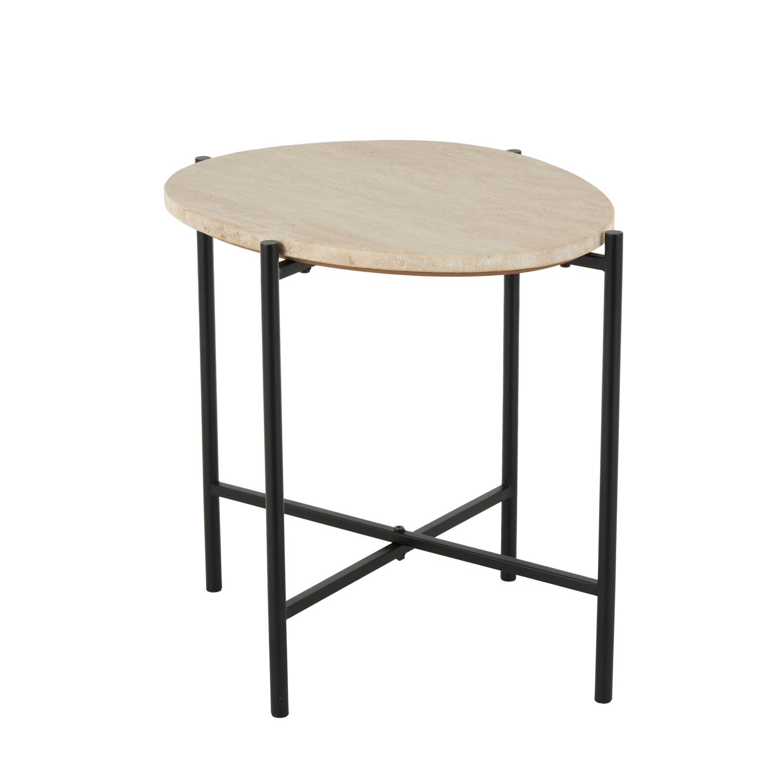 19.75" Beige Marble Accent Table with Black Metal Support