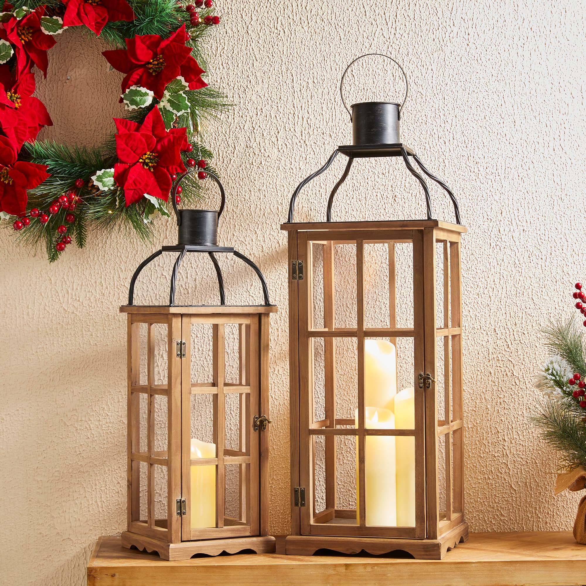 Glitzhome® Oversized Natural Farmhouse Wood & Metal Lanterns Set