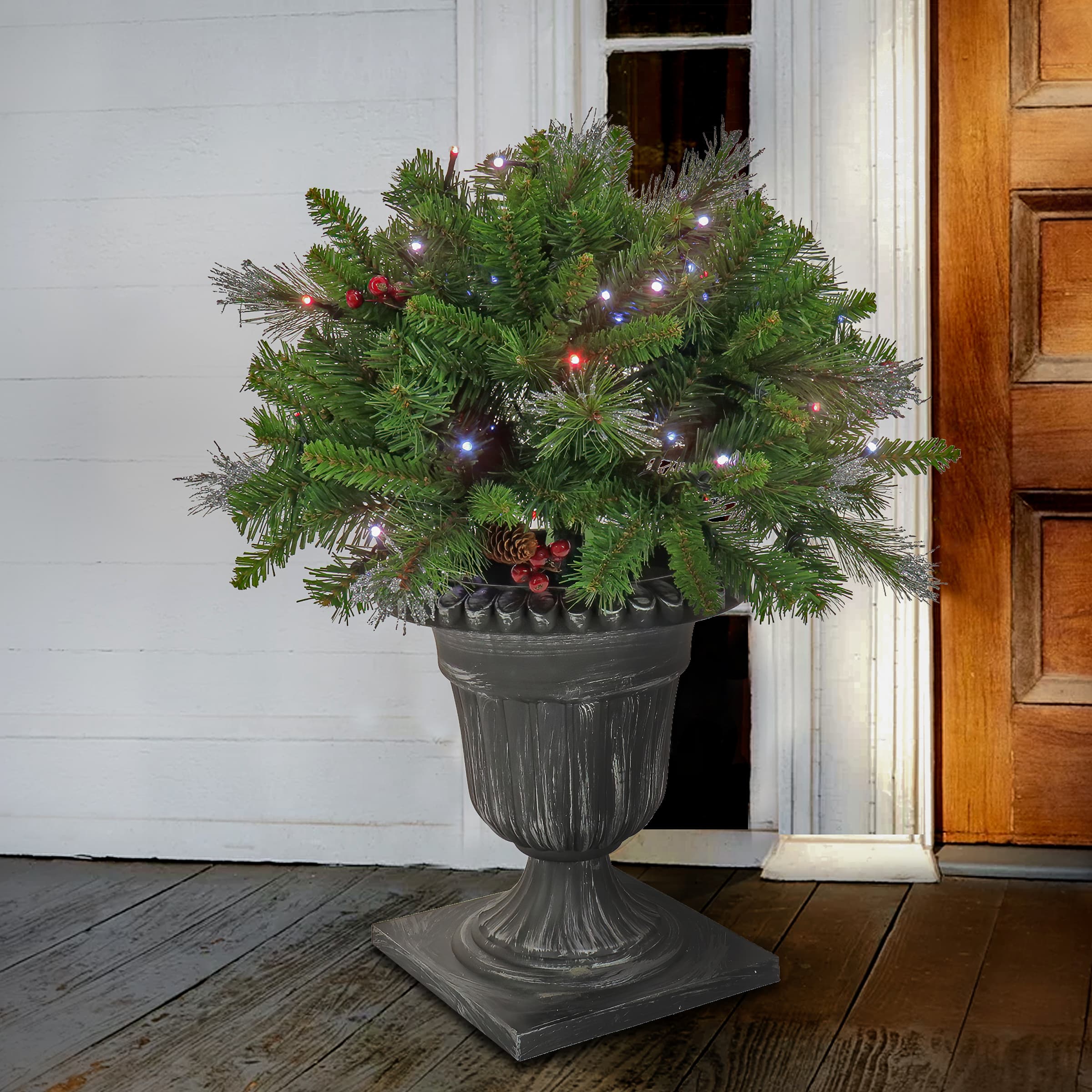 24&#x22; Pre-Lit Crestwood&#xAE; Spruce Porch Bush in Silver Brushed Plastic Urn, Twinkly&#x2122; LED Lights