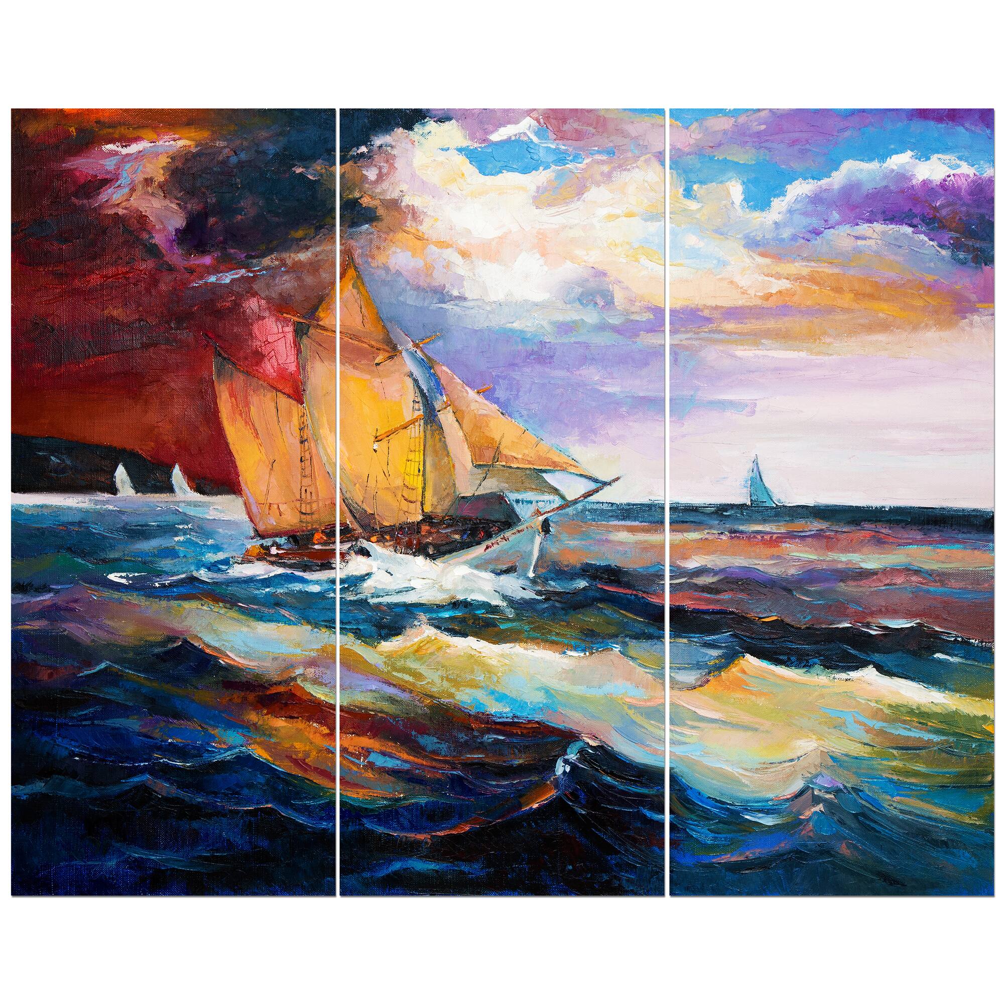 Designart - Sailship in Sea waves - Nautical Painting Print on Wrapped Canvas set