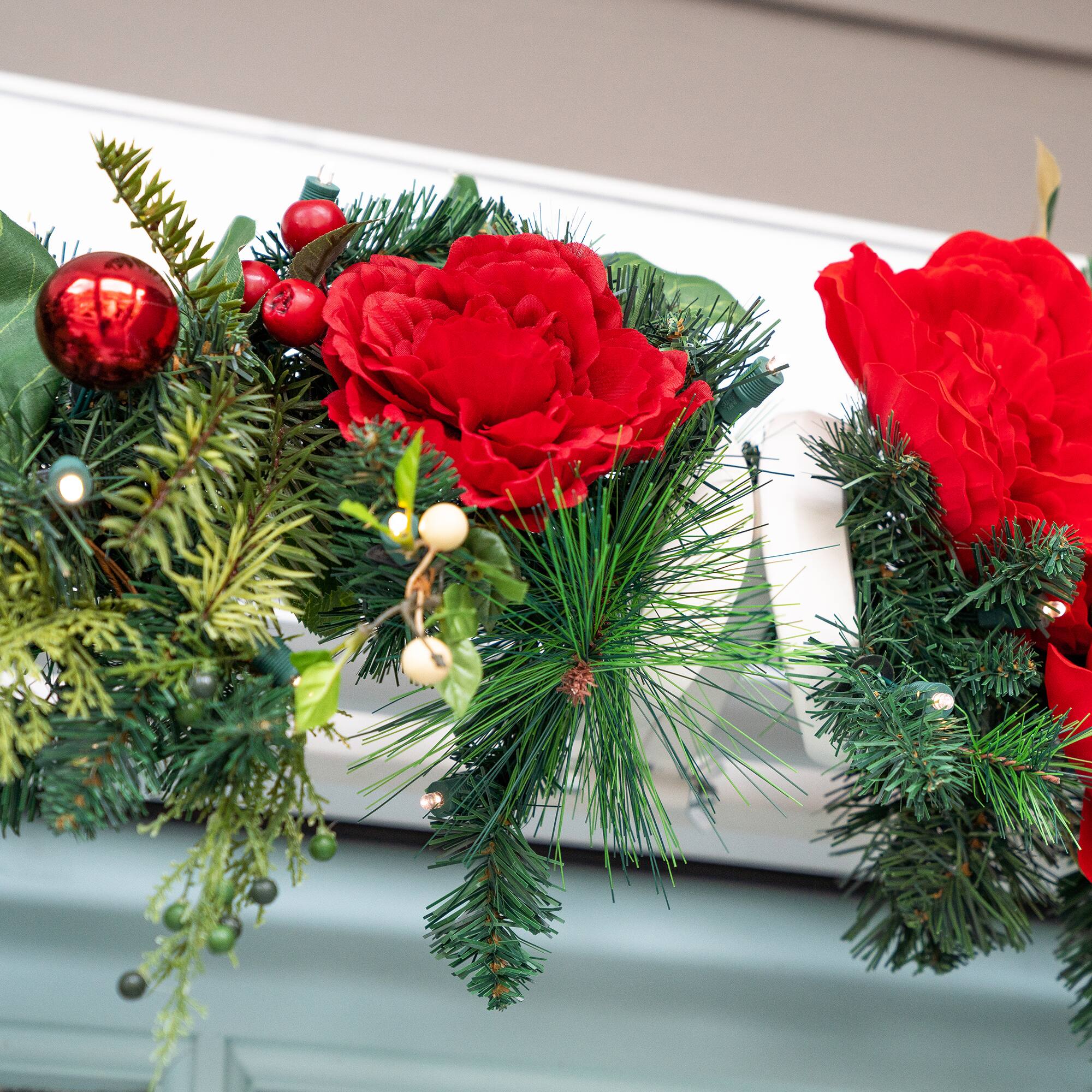Village Lighting 9ft. Pre-Lit LED Red Peonies & Berry Garland