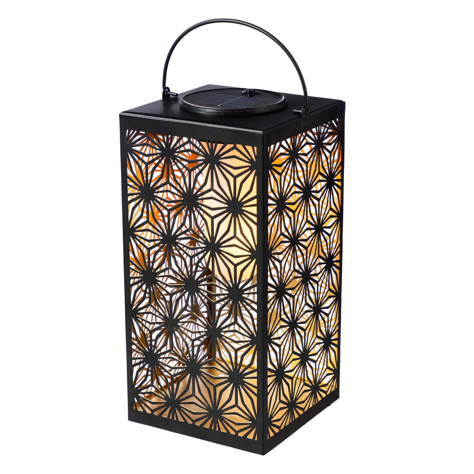 Glitzhome® 11" LED Black Metal Cutout Pattern Solar Powered Hanging Lantern