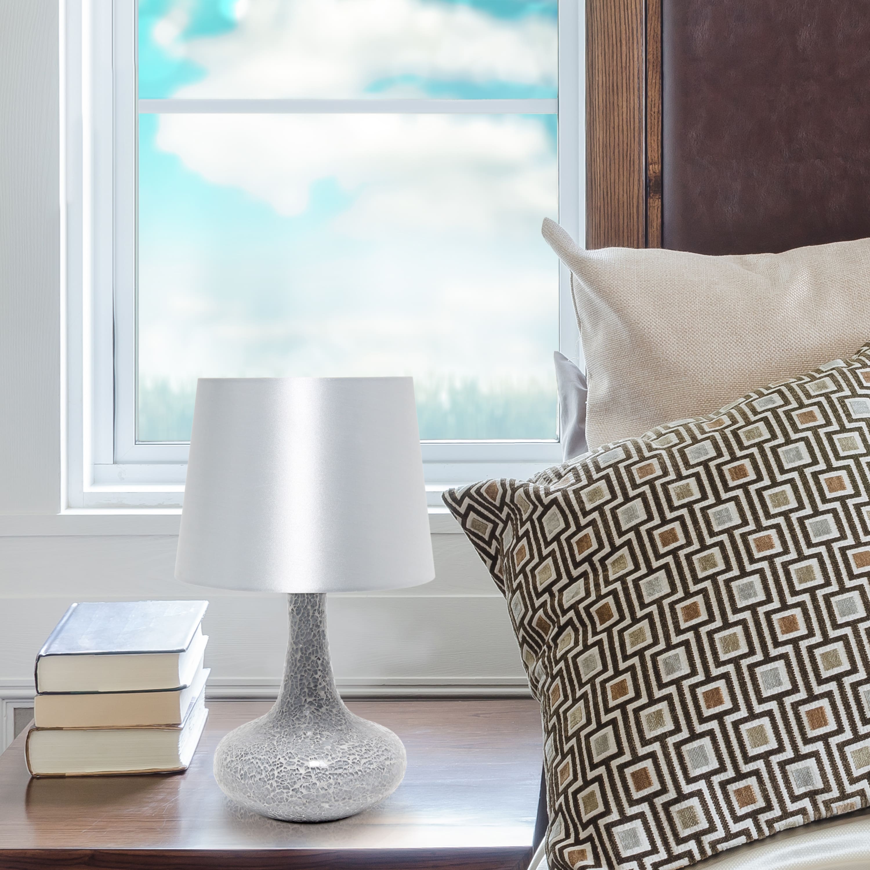Simple Designs 14&#x22; Mosaic Glass Genie Table Lamp with Fabric Shade