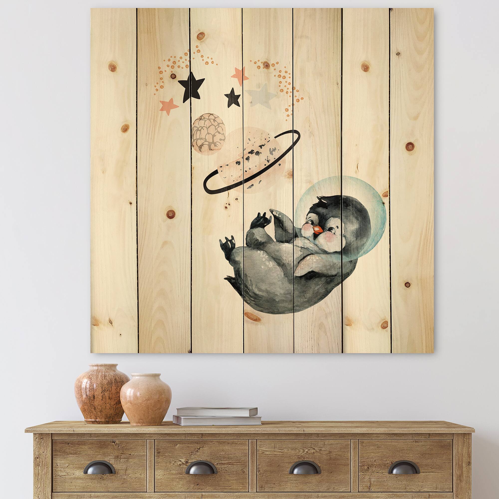 Designart - Little Penguin With Stars and Planets I - Farmhouse Print on Natural Pine Wood