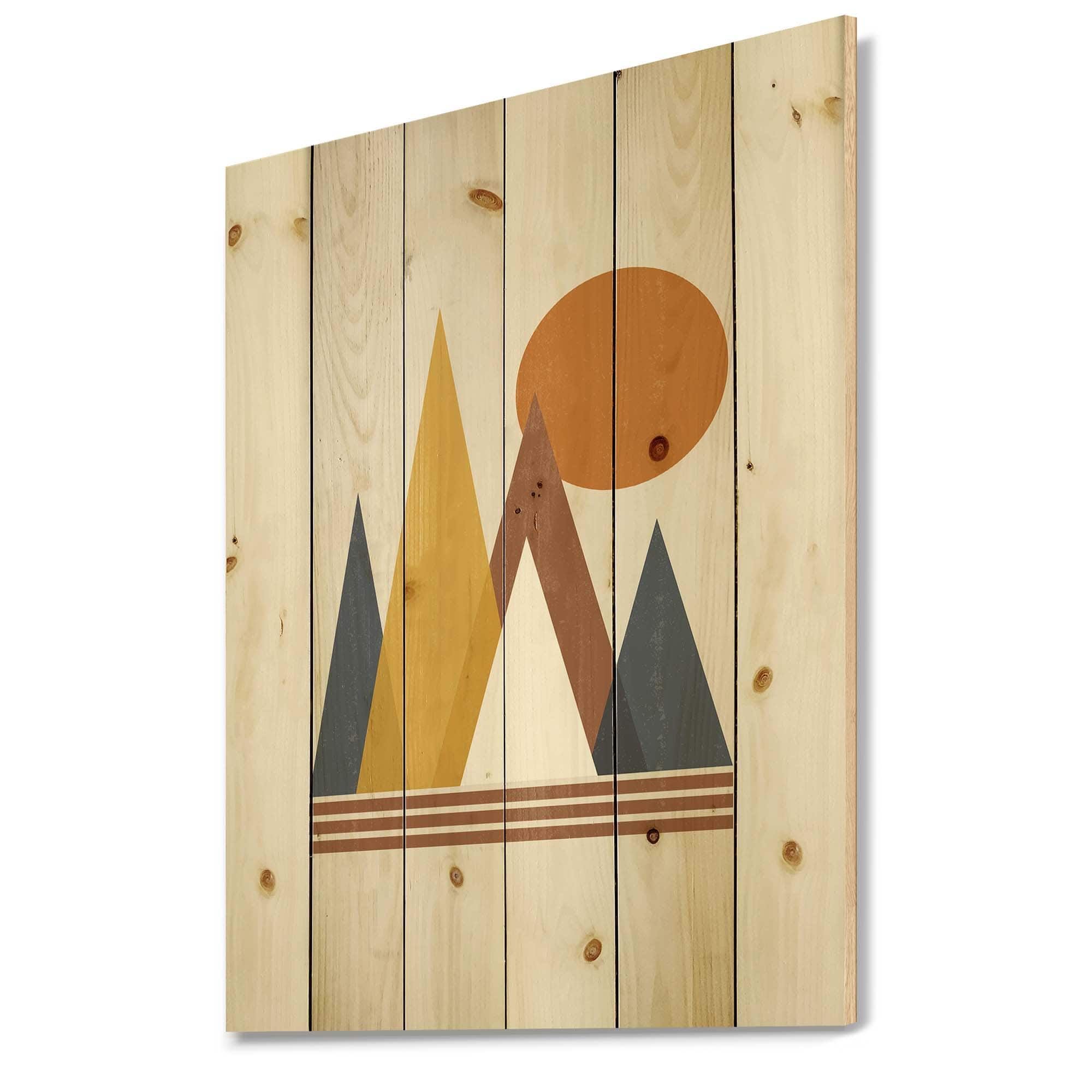Designart - Mountain Abstract and Sun - Modern Print on Natural Pine Wood