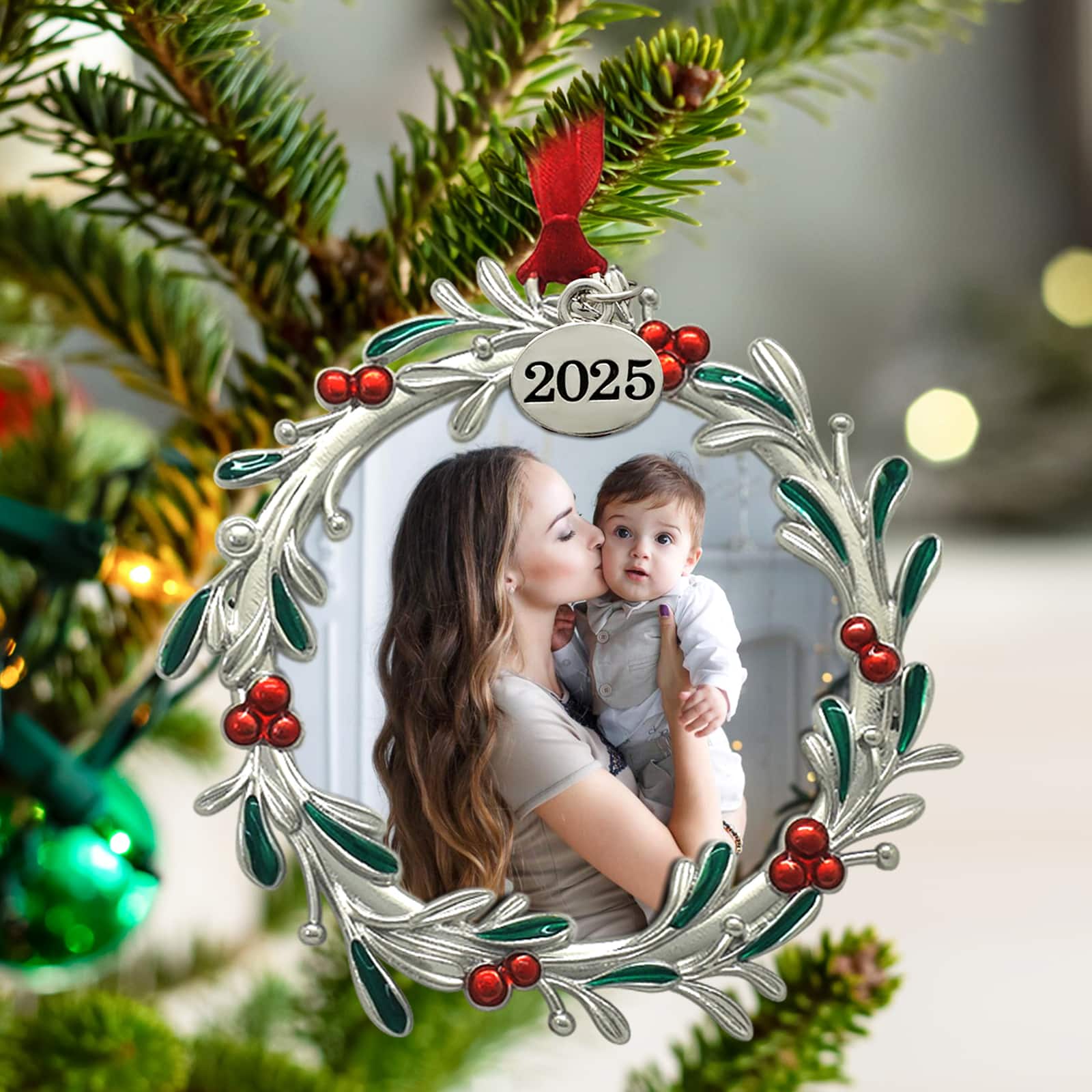 2.5&#x22; x 2.5&#x22; Silver Round Mistletoe 2025 Metal Ornament Frame by Studio D&#xE9;cor&#xAE;