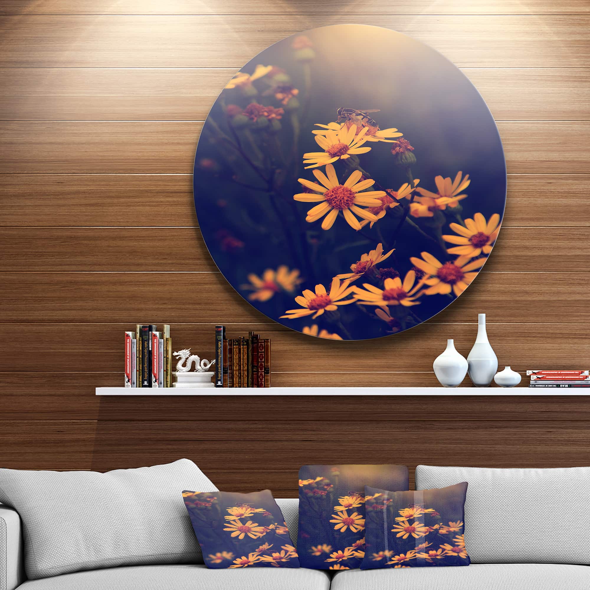 Designart - Vintage White Wild Flowers and Bee&#x27; Large Floral Metal Circle Wall Art
