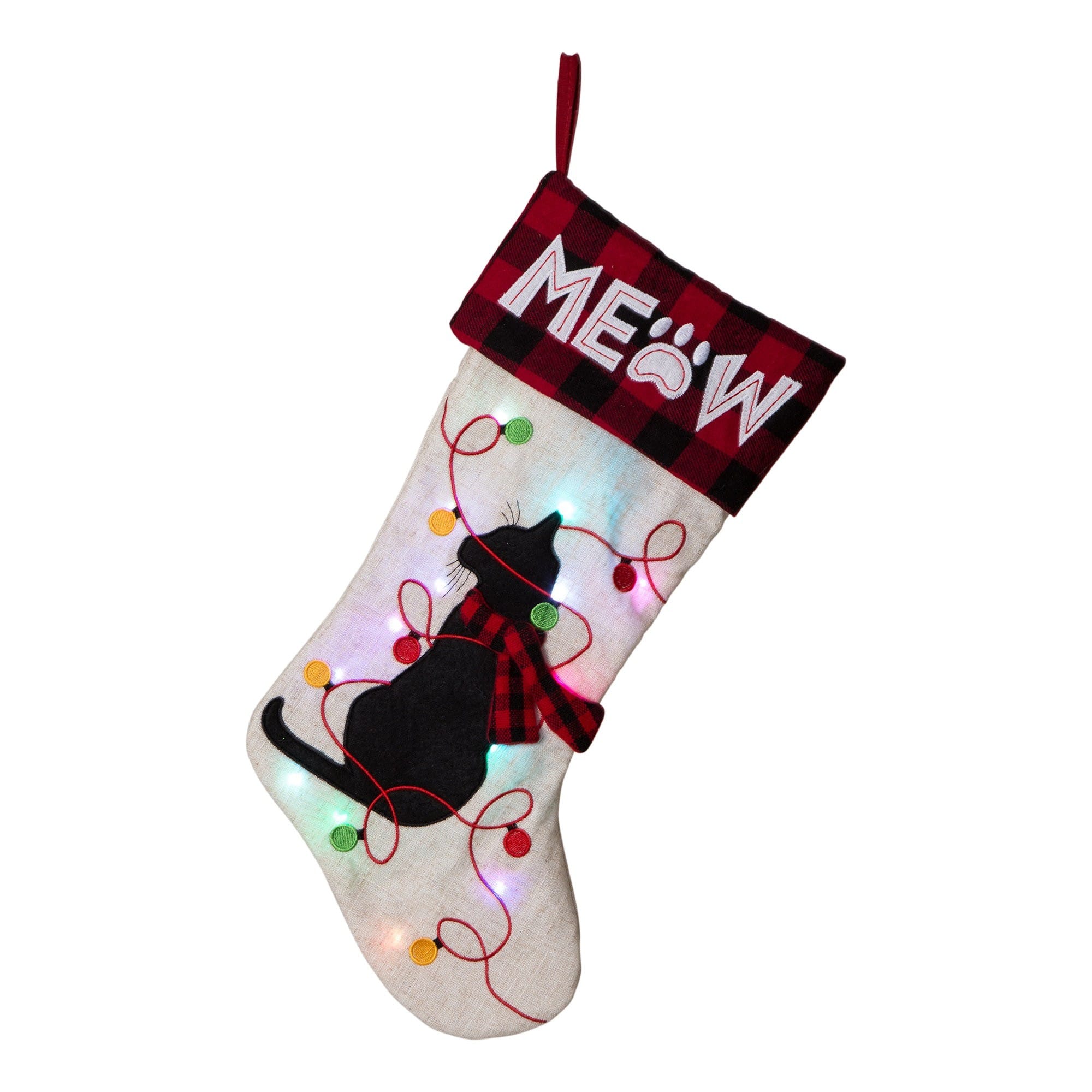 Glitzhome&#xAE; Pre-Lit 21&#x22; Cat Embroidered Linen Christmas Stocking with LED Lighting