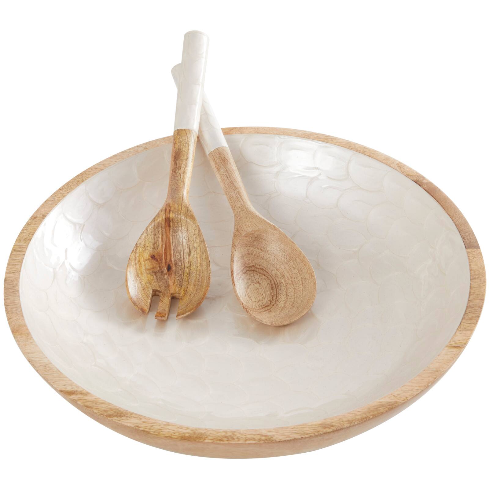 Mango Wood Decorative Bowl with Serving Utensils Set