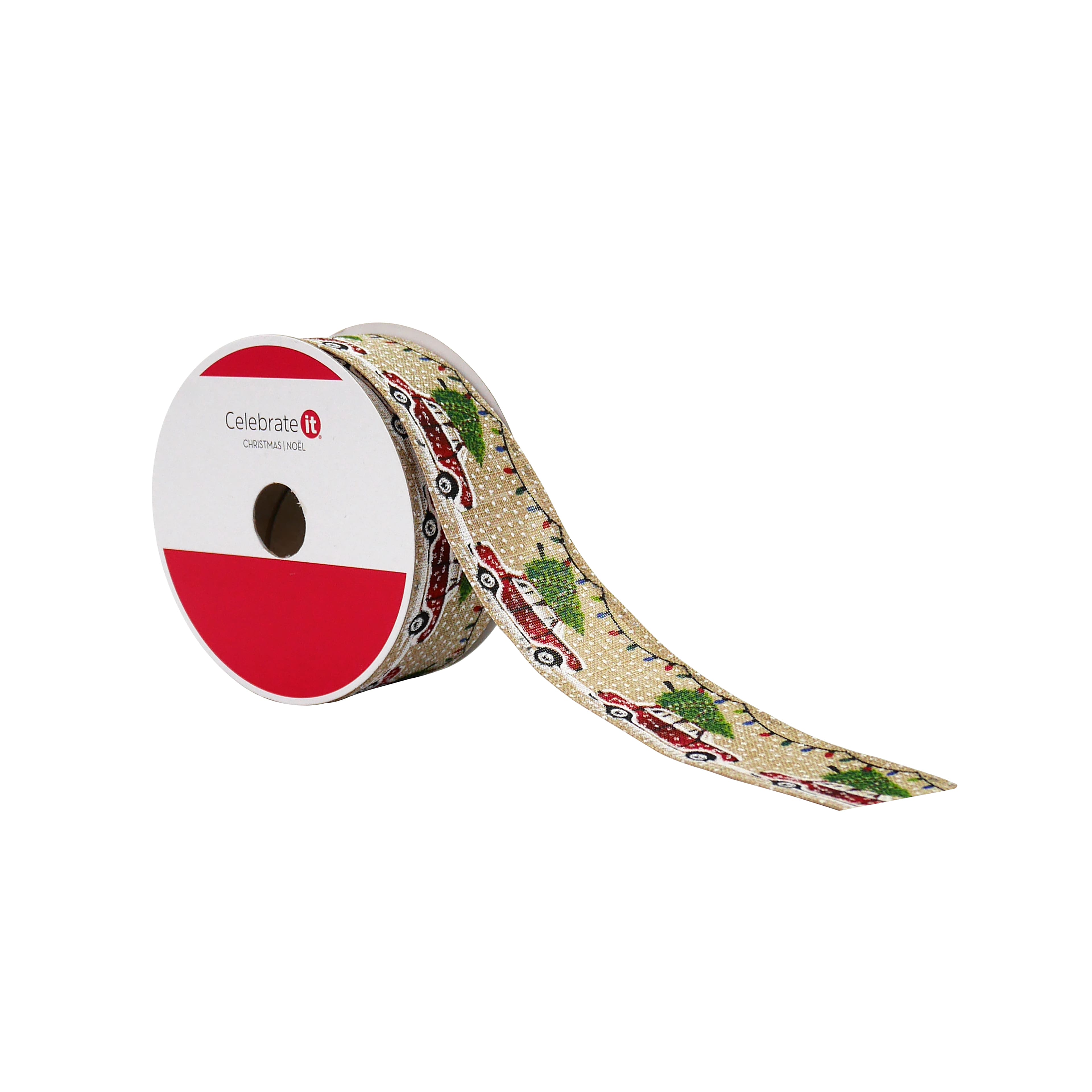 1.5&#x22; x 30ft. Christmas Tree Car Wired Faux Linen Ribbon by Celebrate It&#xAE;