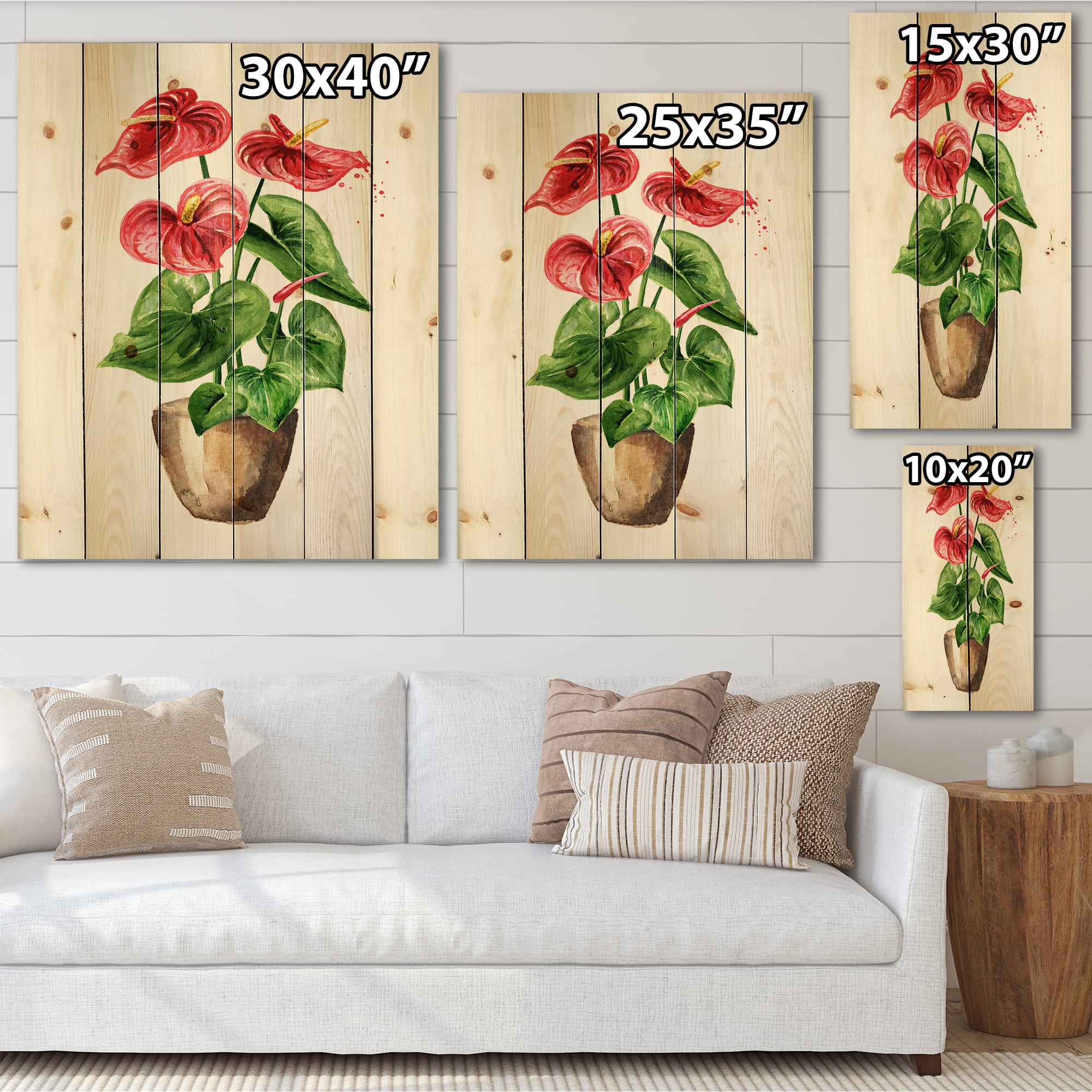 Designart - Anthurium Tailflower Or Flamingo Flower In The Pot - Traditional Print on Natural Pine Wood