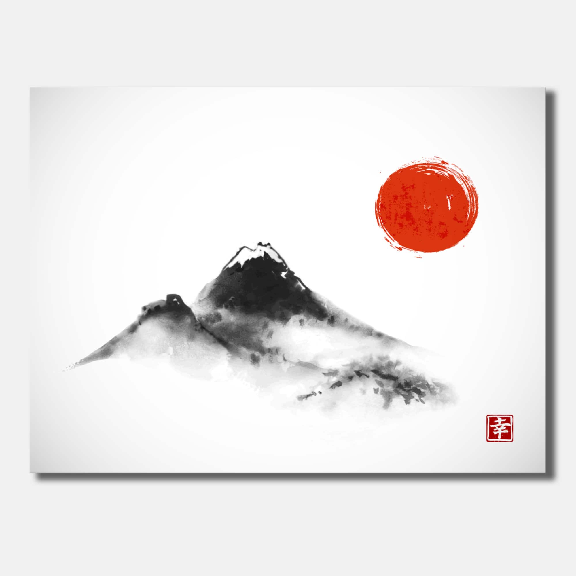 Designart - Japanese Red Moon In Traditional Sumi-e Painting III - Traditional Canvas Wall Art Print