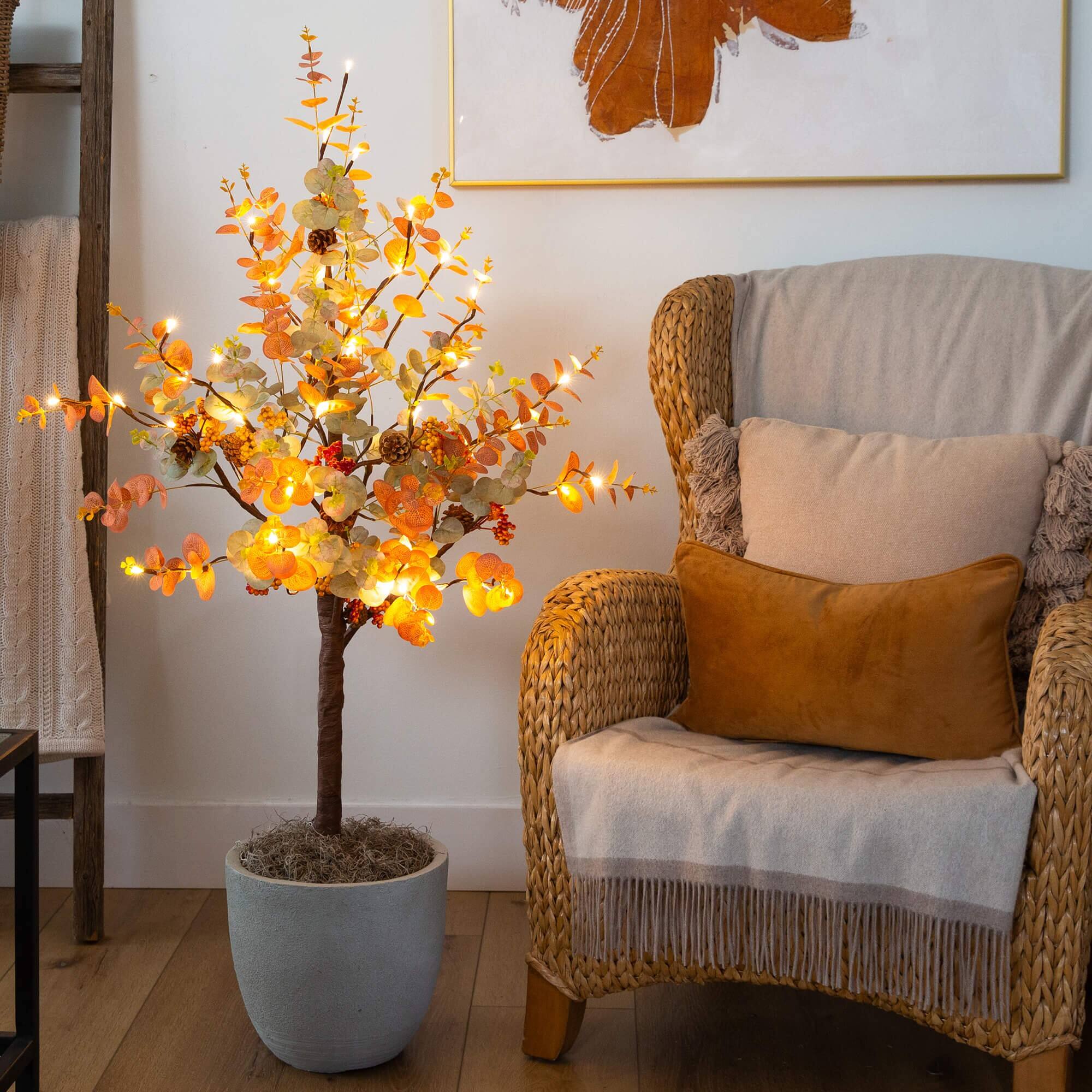 4ft. Pre-Lit Autumn Eucalyptus Artificial Fall Tree with Pinecones, Berries and 60 Warm White LED Lights