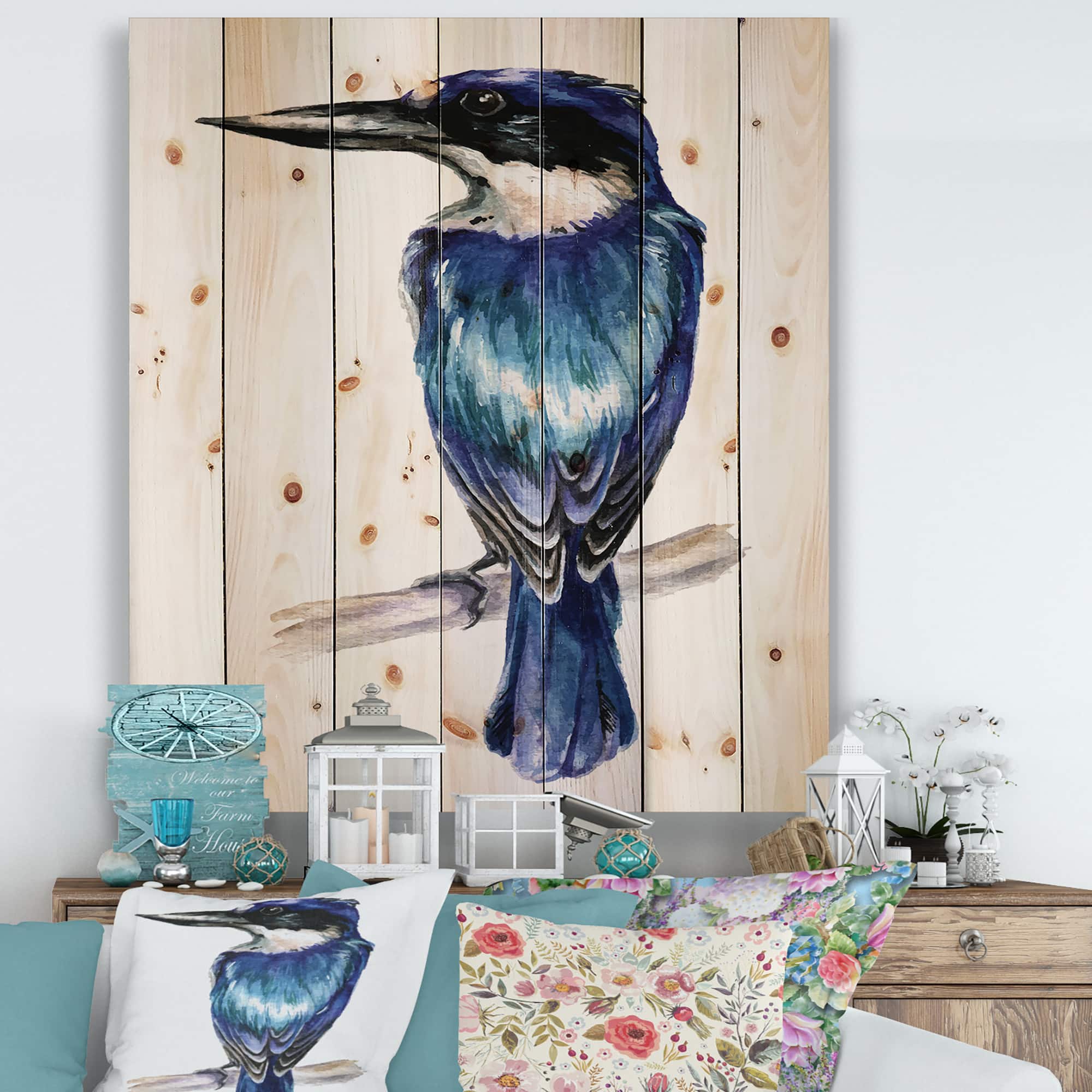 Designart - Style Kingfisher Bird - Traditional Print on Natural Pine Wood