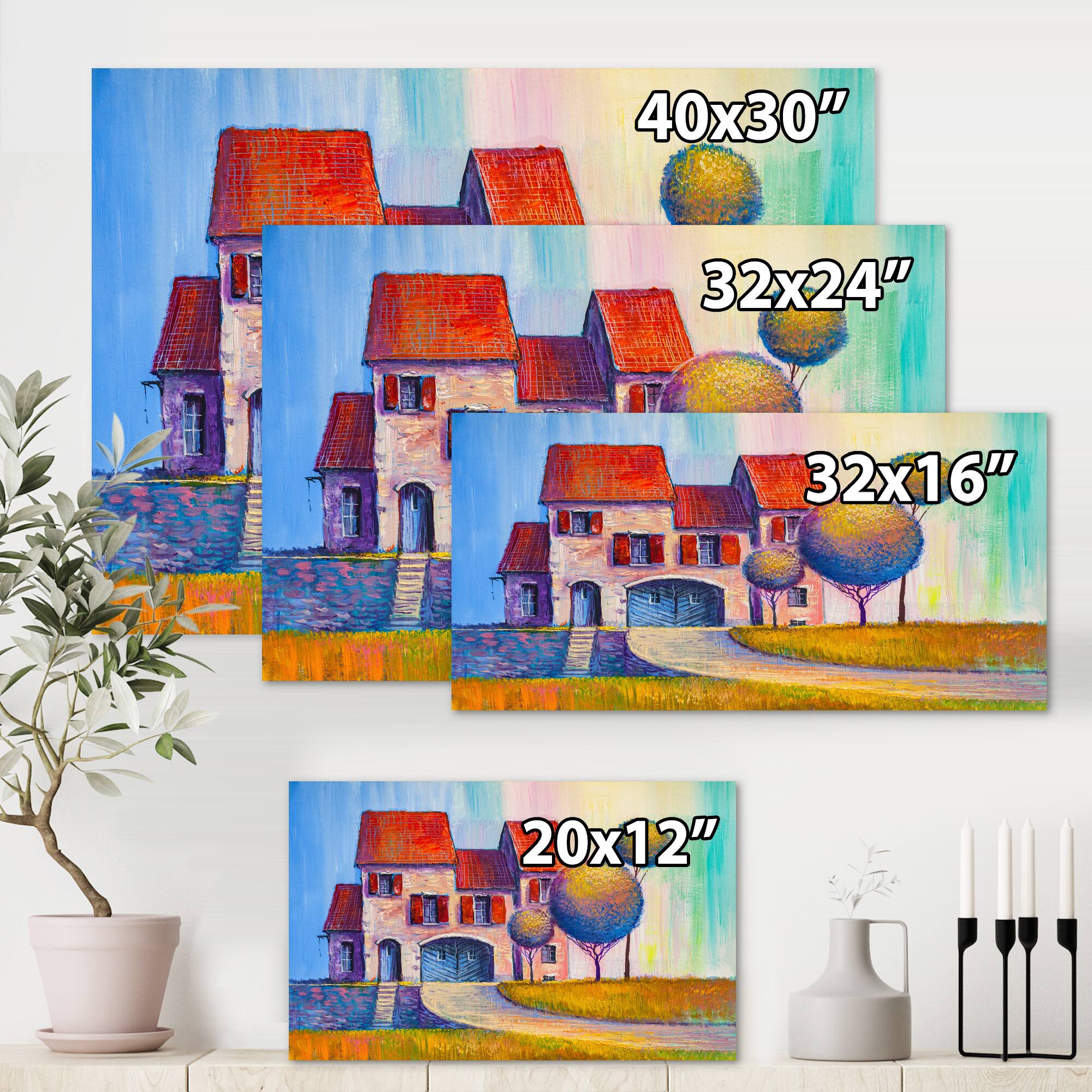 Designart - House With Red Roof In The Village - Modern Canvas Wall Art Print