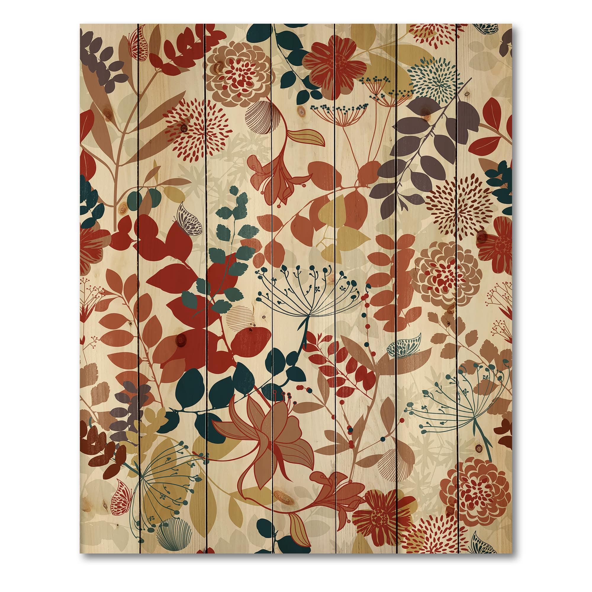 Designart - Retro Botanical Garden - Bohemian &#x26; Eclectic Print on Natural Pine Wood