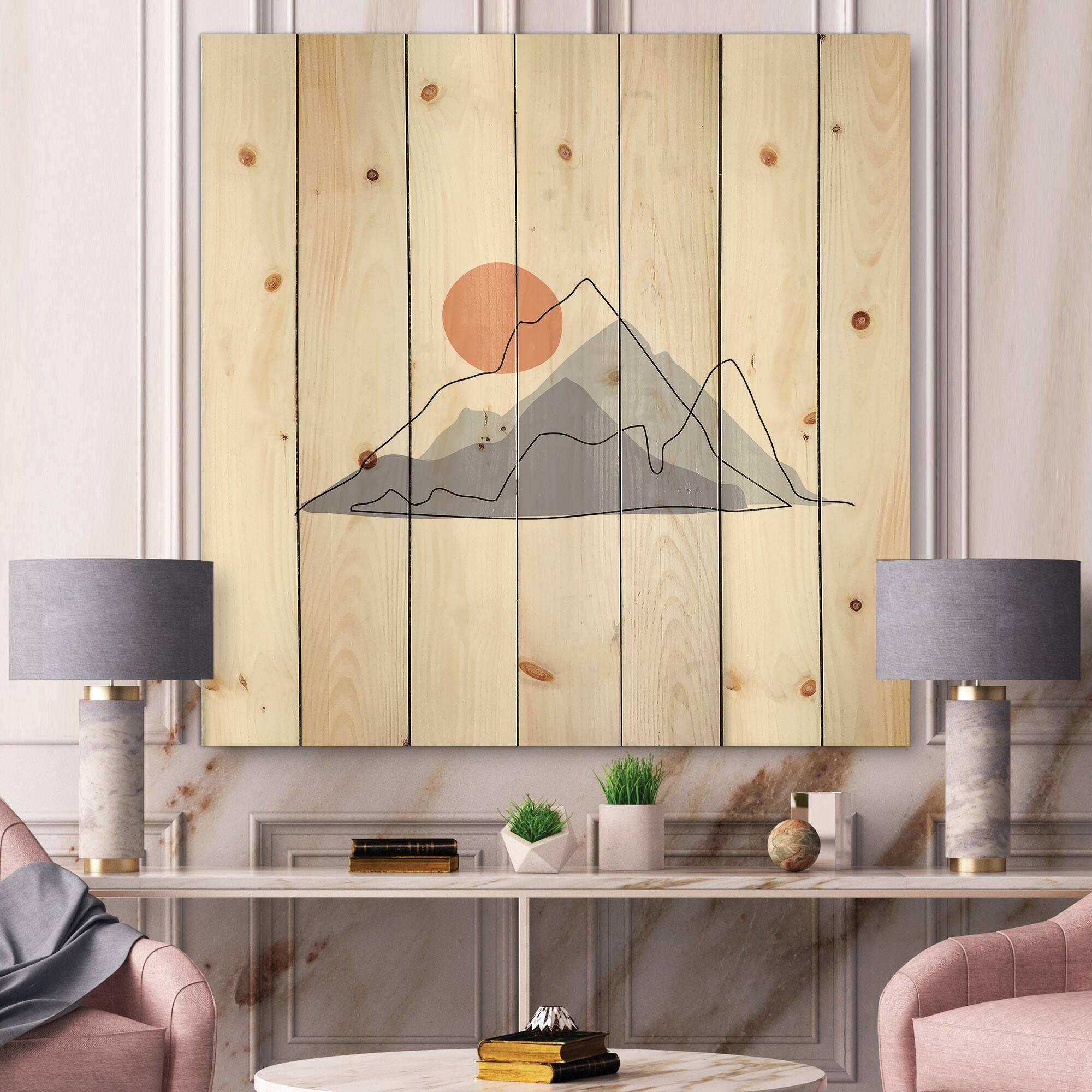 Designart - Abstract Mountainscape With Red Moon - Modern Print on Natural Pine Wood