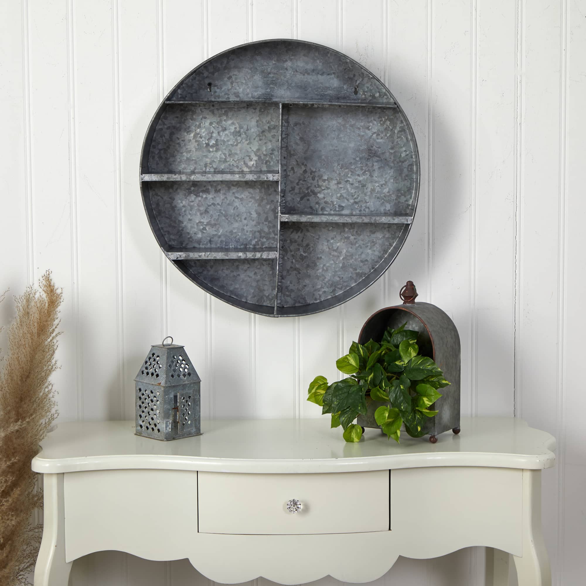 18" Galvanized Circular Metal Wall Mounted Shelf with Four Tier Shelves