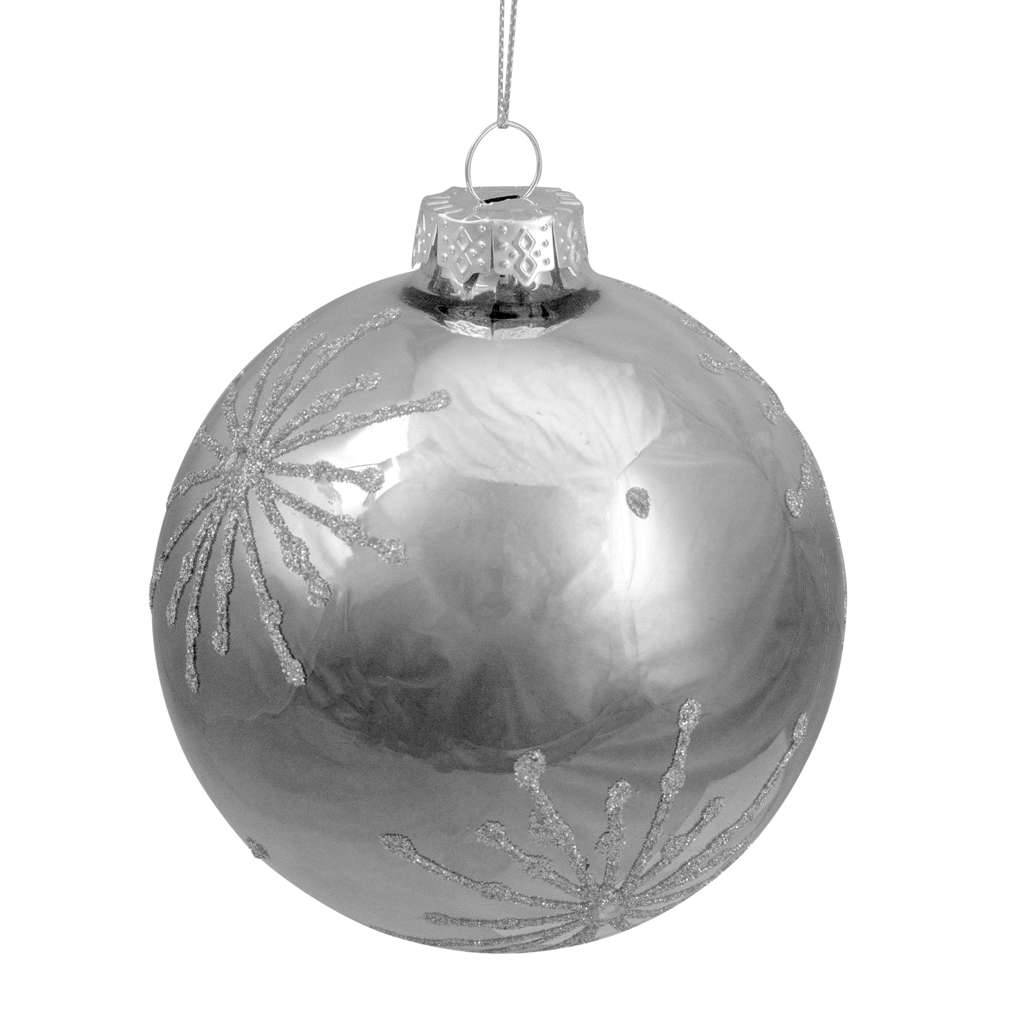 4" Shiny Silver Mirrored Glitter Snowflakes Ball Ornament