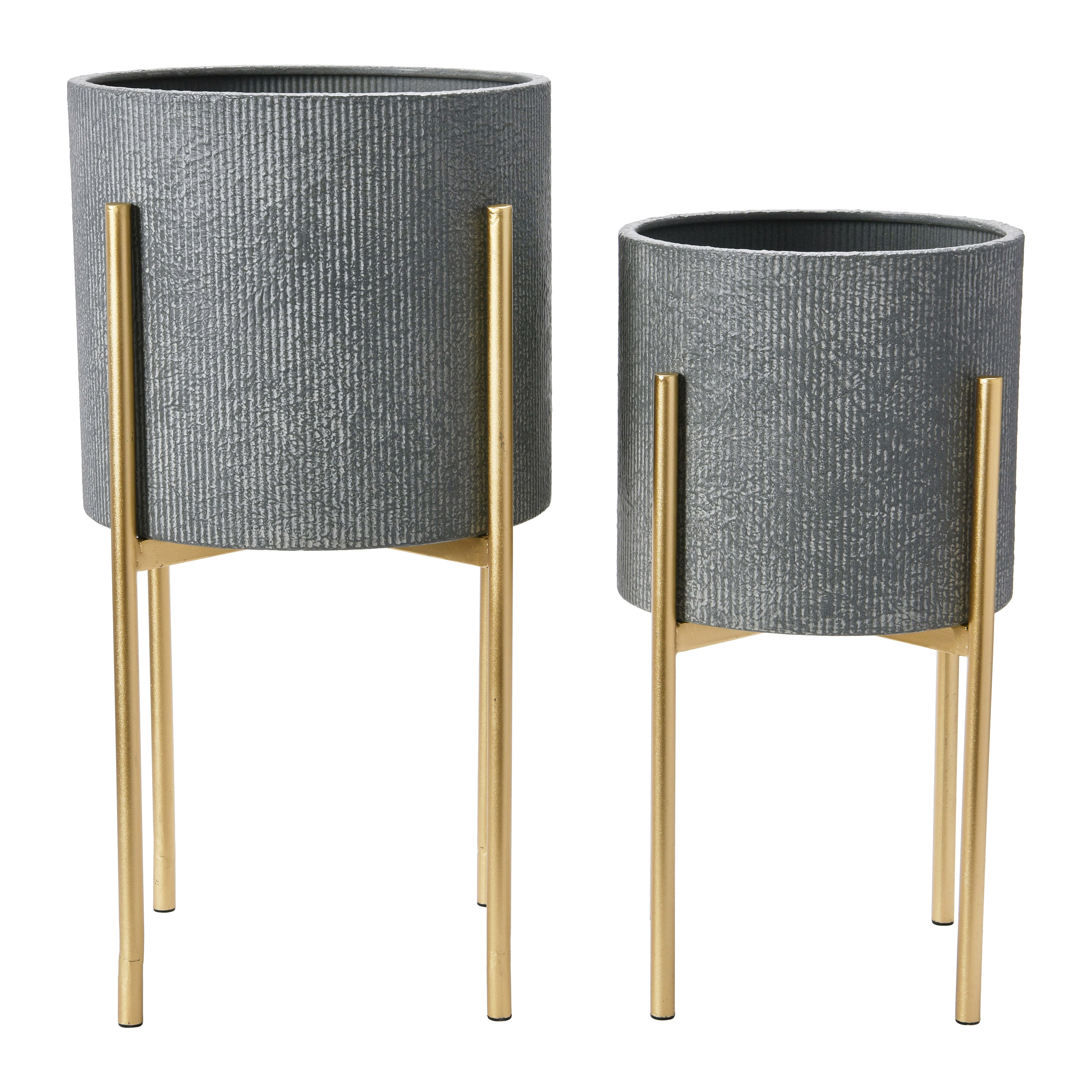 Hello Honey® Charcoal Grey & Gold Boho Embossed Metal Planters with Stands Set