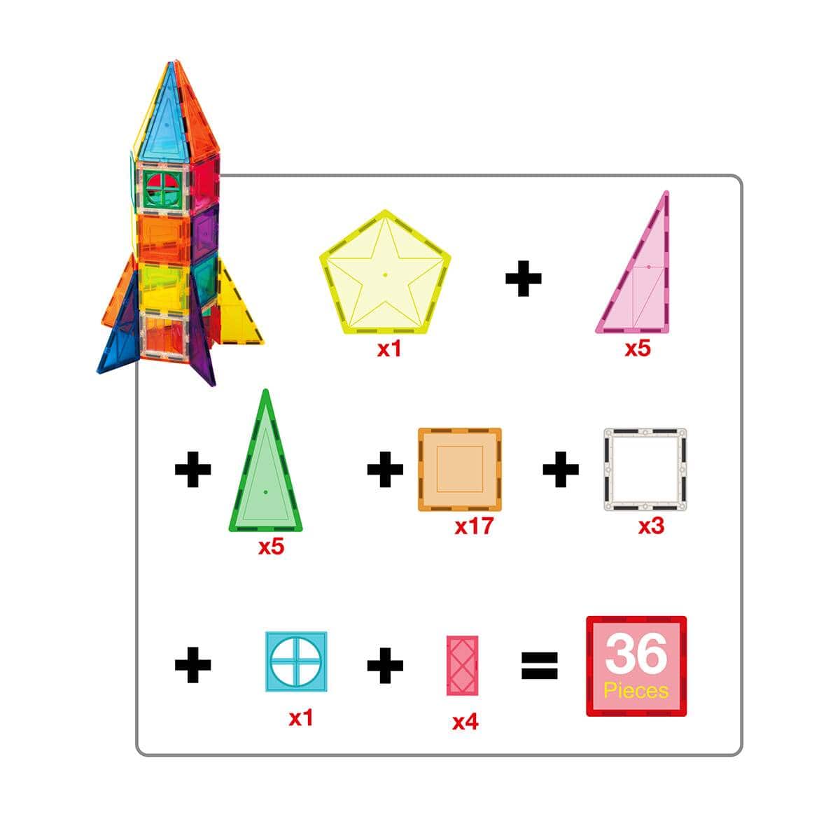 PicassoTiles® 36 Piece Rocket Magnetic Tile Set