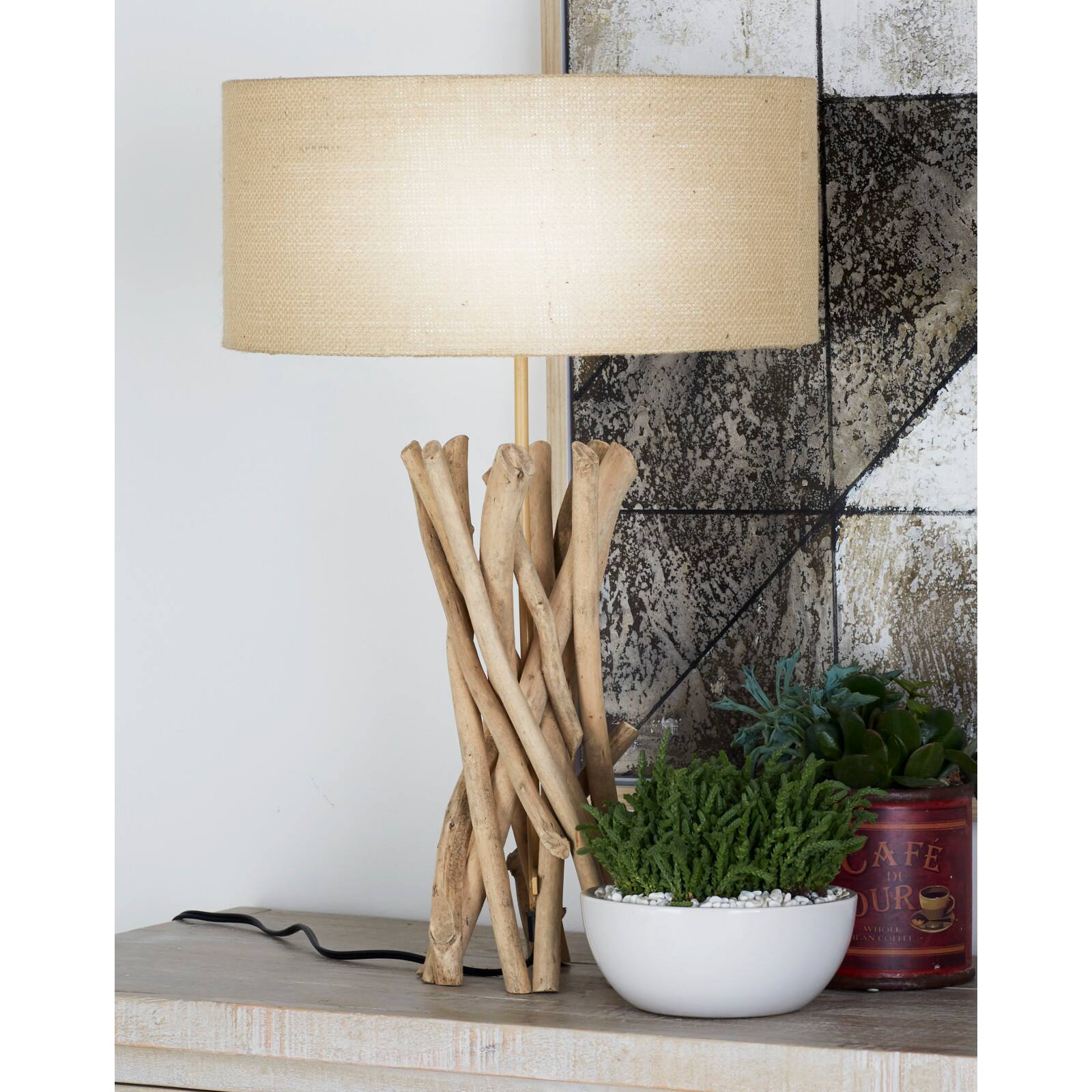 24&#x22; Natural Beige Wood Rustic Table Lamp