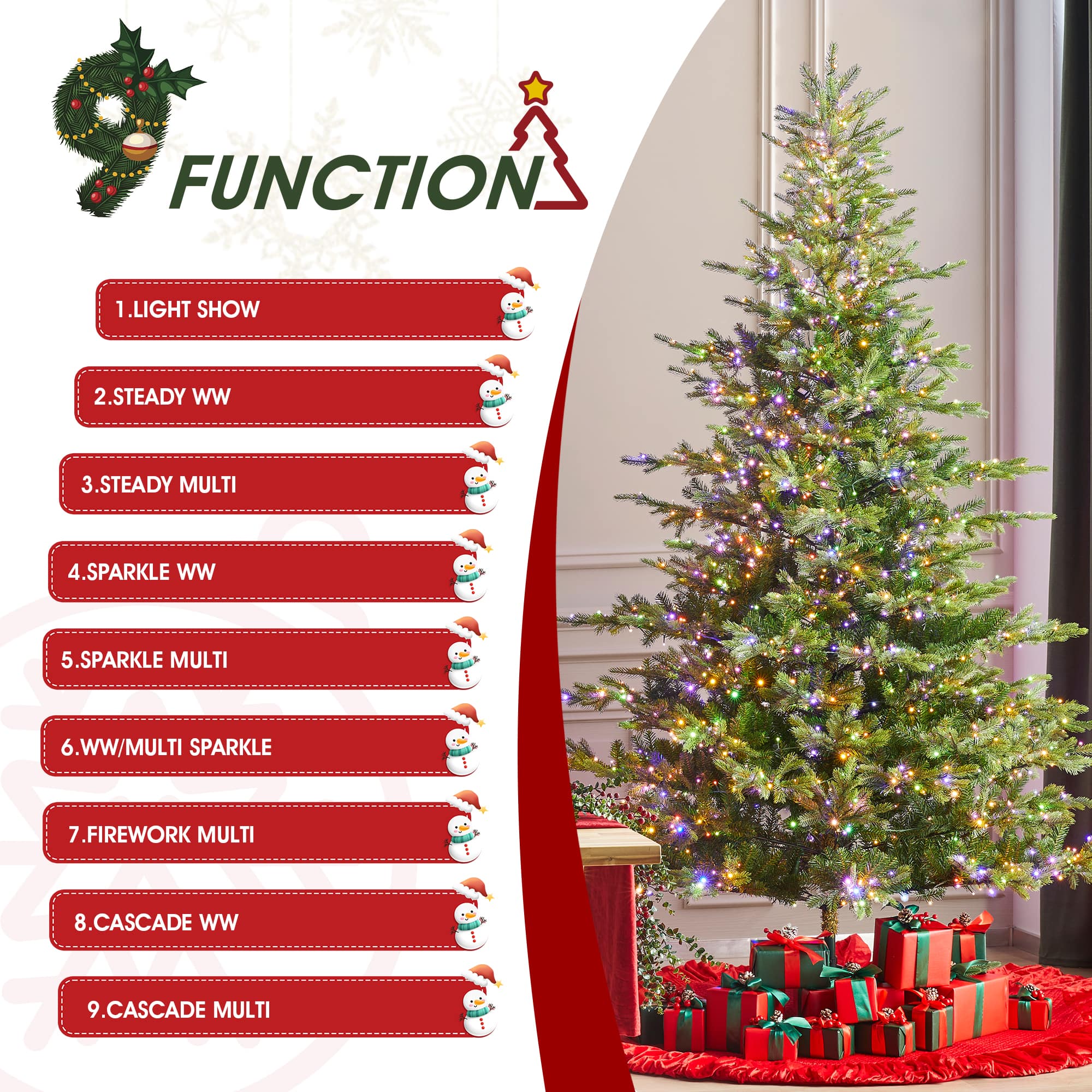 Glitzhome&#xAE; 9ft Pre-Lit Green Full Fir Artificial Christmas Tree, Multicolor LED Lights