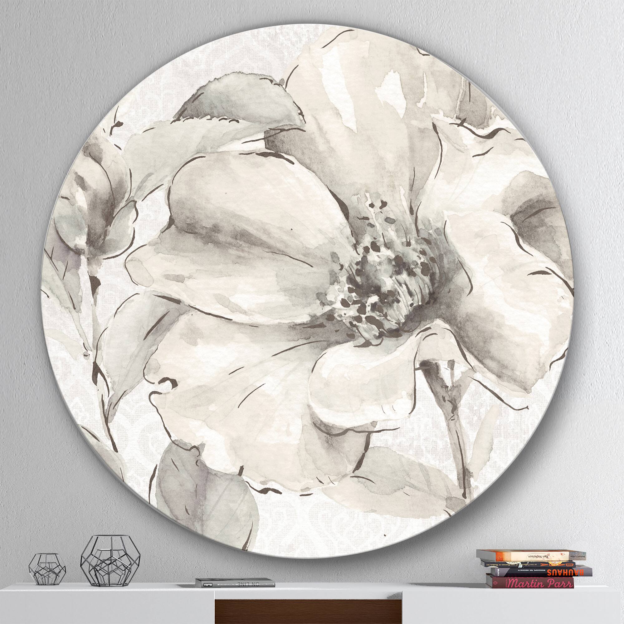 Designart - Indigold Grey Peonies IV - Geometric Metal Circle Wall Art
