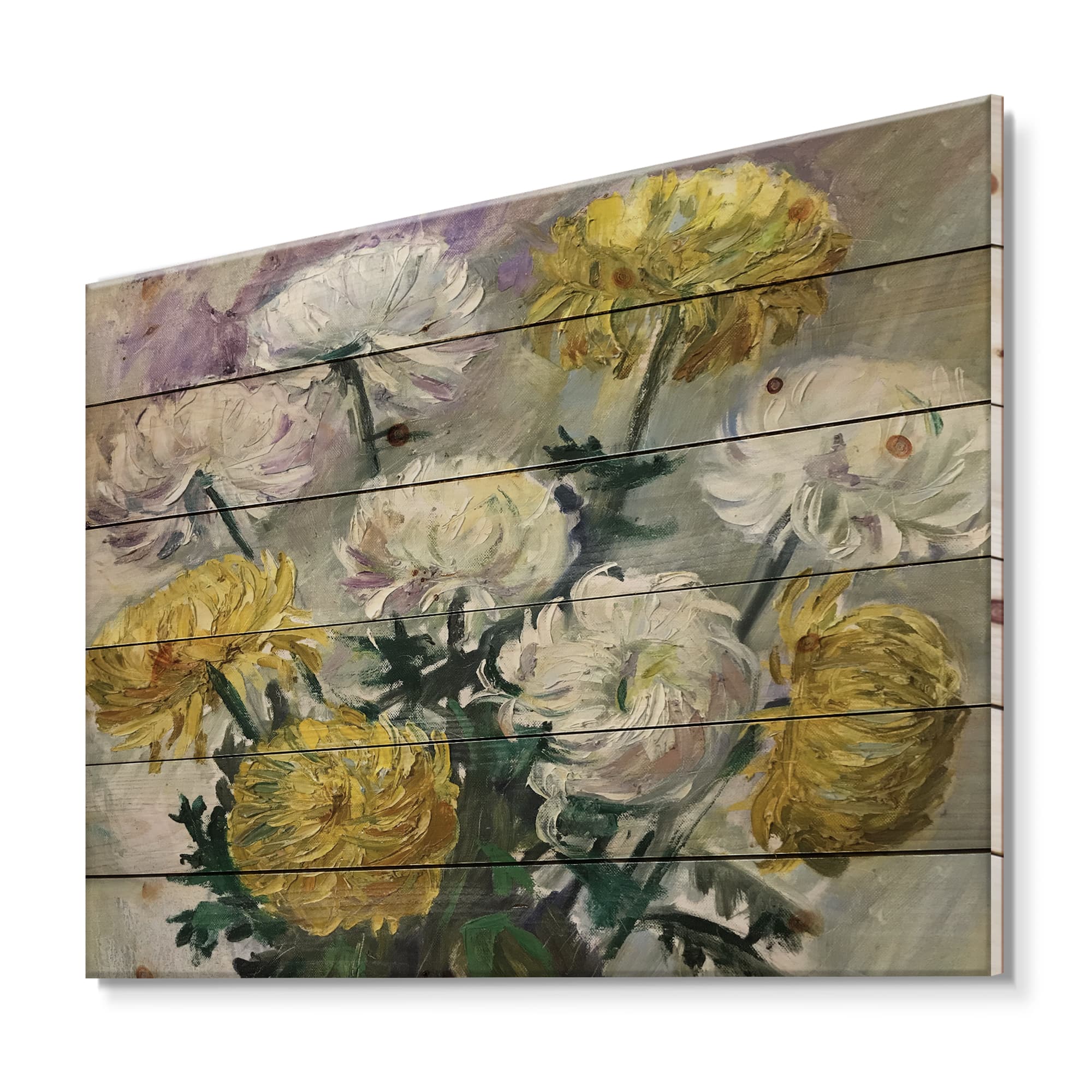 Designart - White and Golden Daisies - Traditional Print on Natural Pine Wood