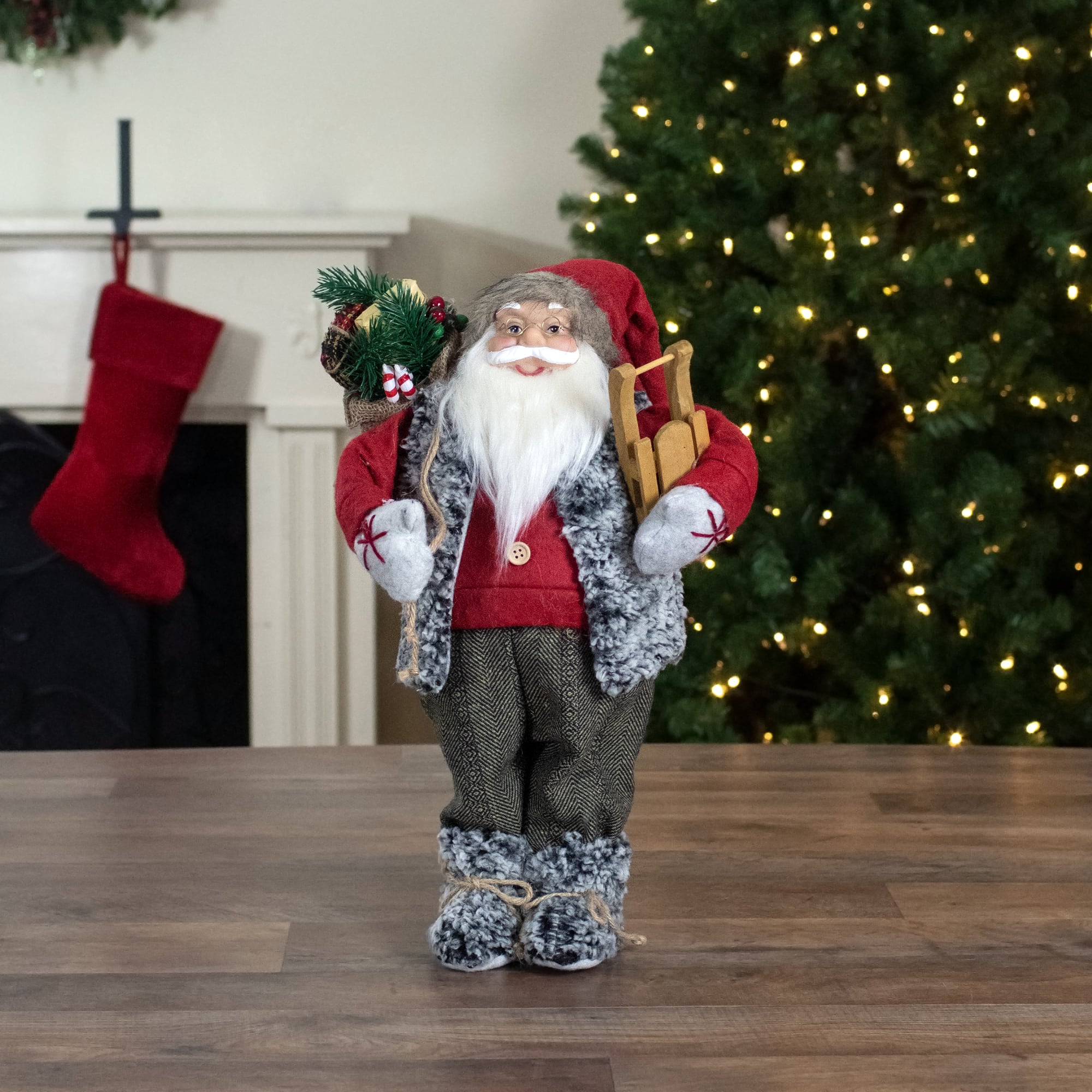 18&#x22; Standing Santa Christmas Figure Carrying Presents &#x26; Sled