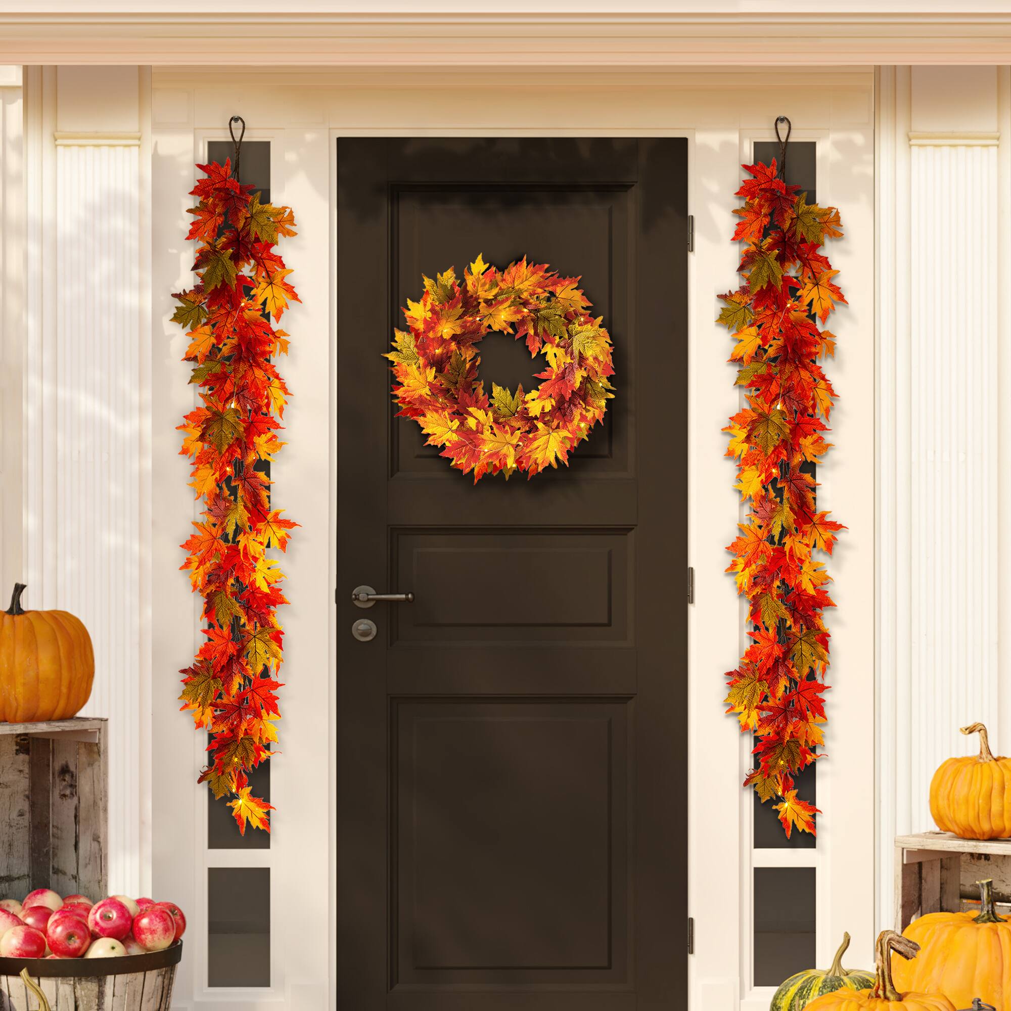 Glitzhome&#xAE; Lighted Fall Maple Leaves Garland &#x26; Wreath Set