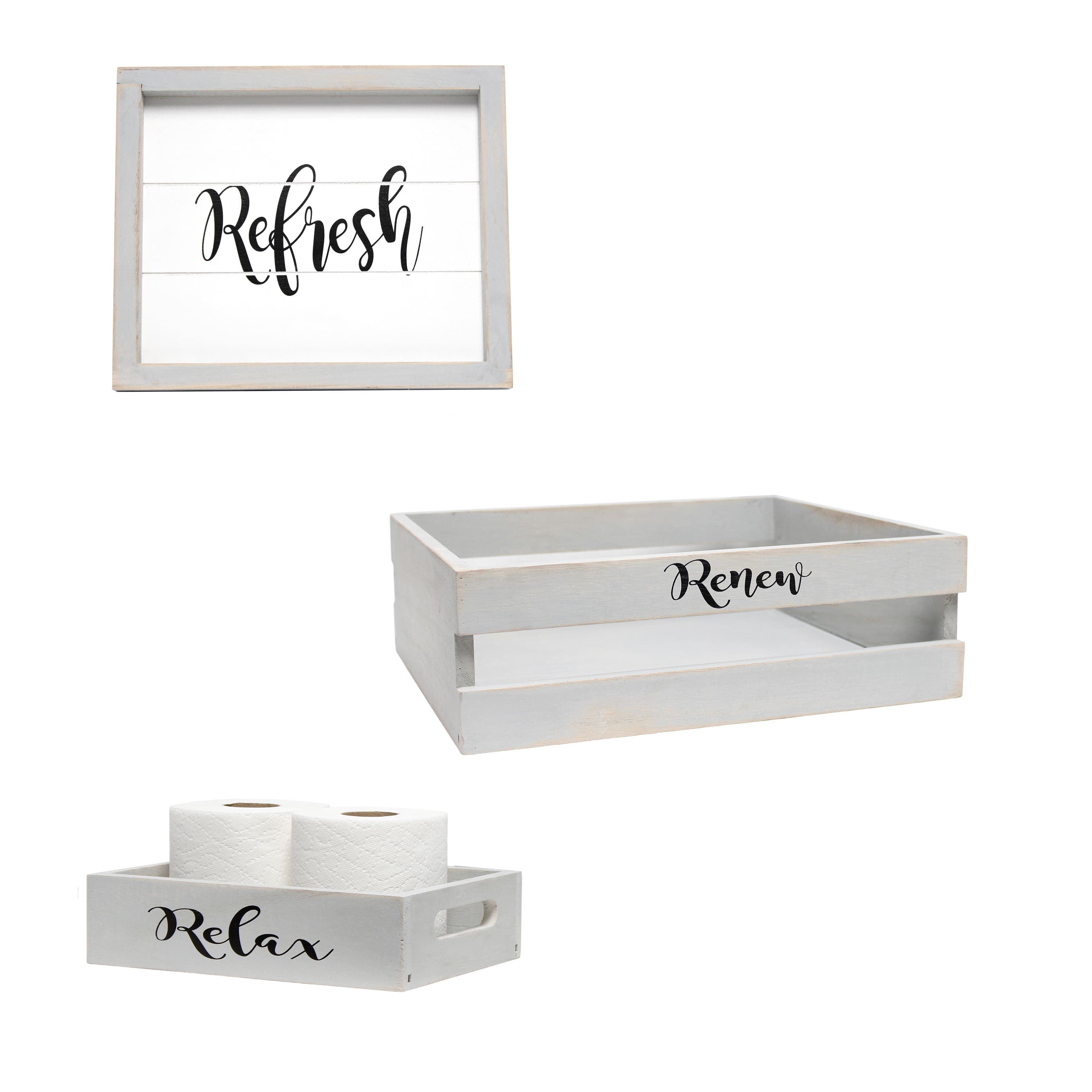 Elegant Designs Small Gray Wash Towel Holder, Frame & Toilet Paper Holder Set