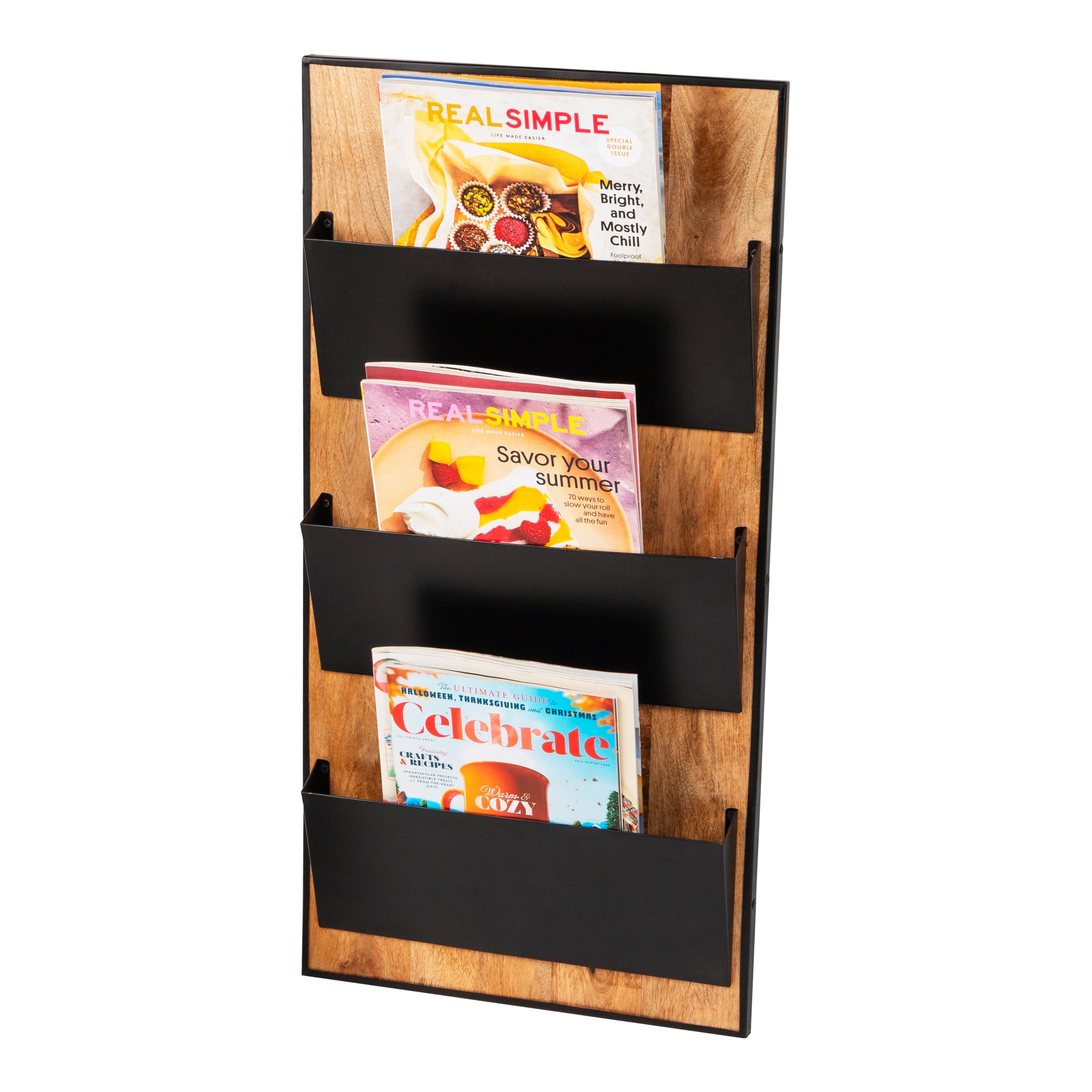 Mind Reader 3-Tier Wall-Mounted File Organizer, Wood and Metal Vertical Rack for Mail, Magazines, and Documents, Black