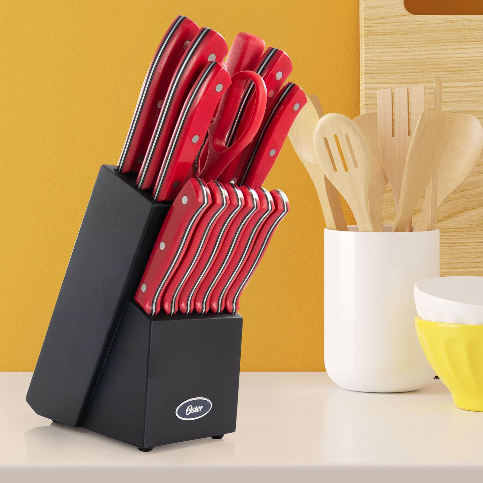 Oster Steffen 14-Piece Red Stainless Steel Cutlery Set with Hardwood Storage Block
