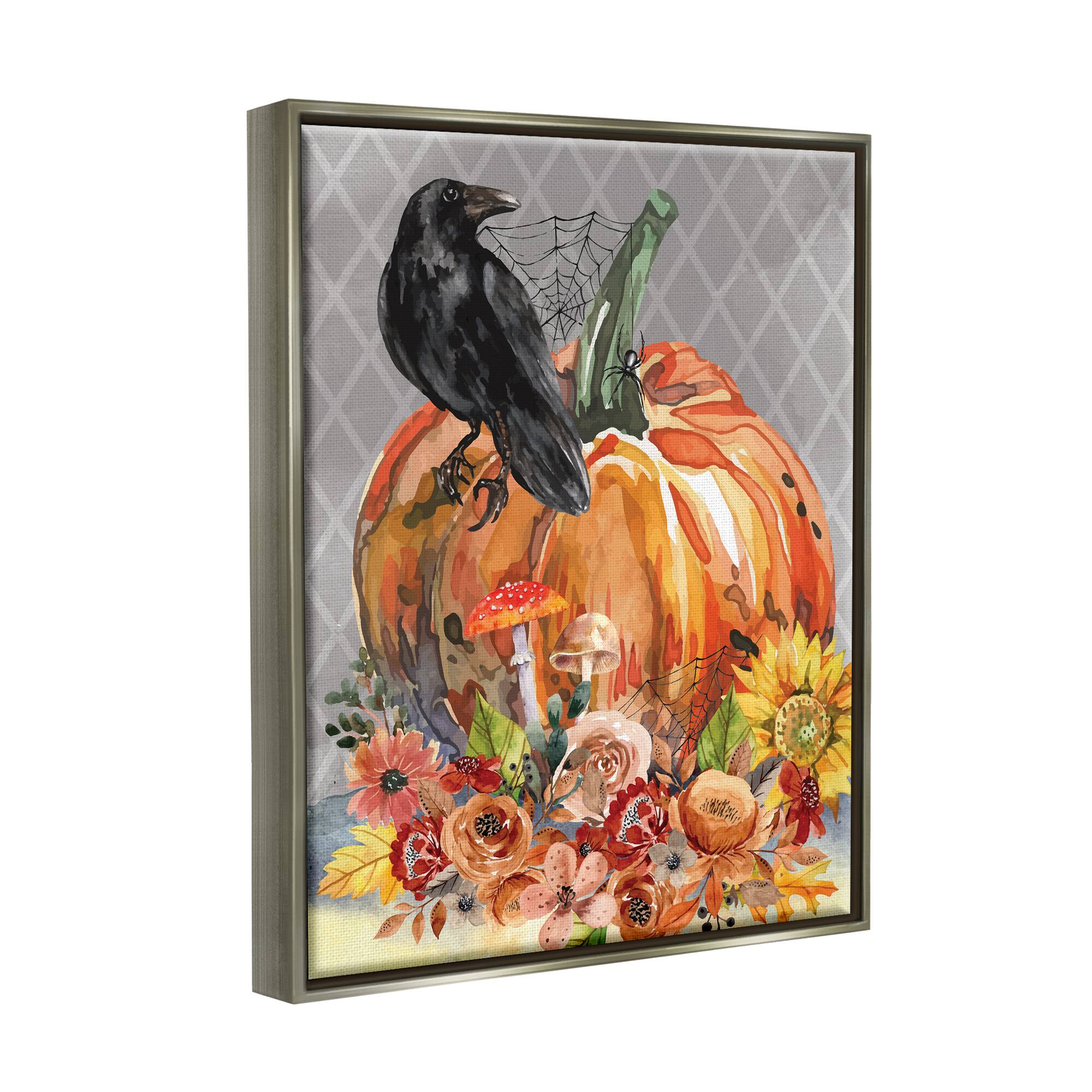 Stupell Industries Autumn Crow Pumpkin Botanicals Framed Floater Canvas Wall Art