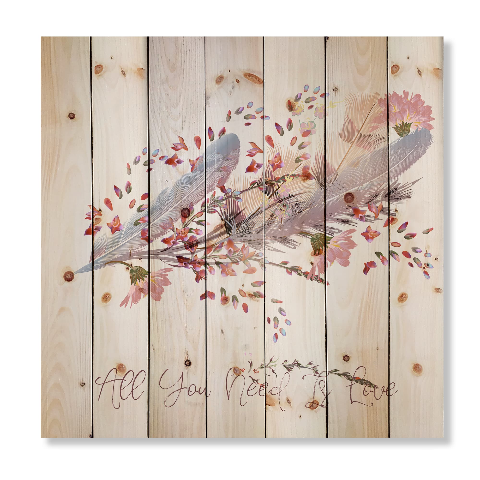 Designart - Pink Feathers and Bird All You Need Is Love - Bohemian & Eclectic Print on Natural Pine Wood