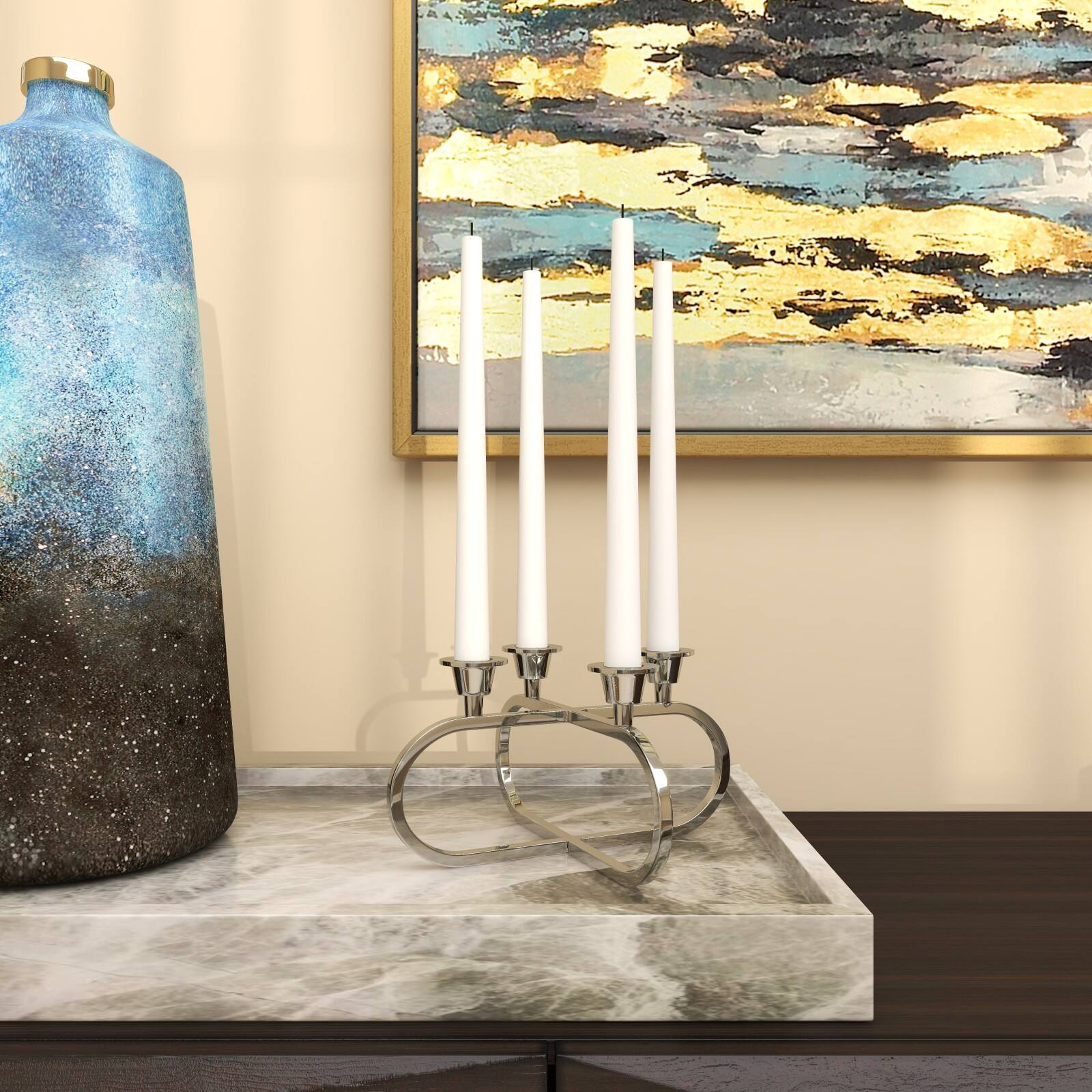 8" Silver Stainless Steel Overlapping Oval Geometric Candelabra