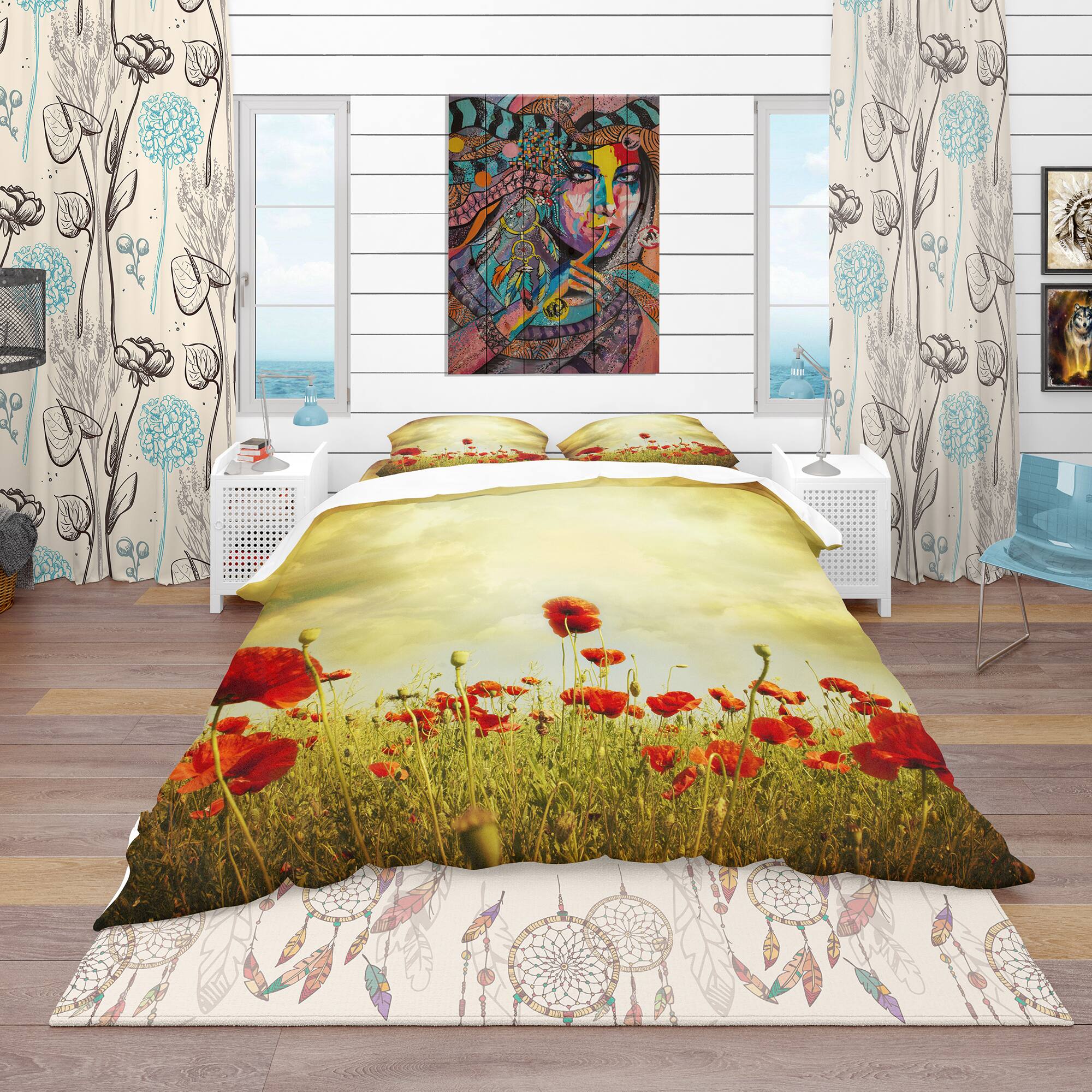 Designart &#x27;Red Poppies on Grunge Background&#x27; Vintage Bedding Set - Duvet Cover &#x26; Shams