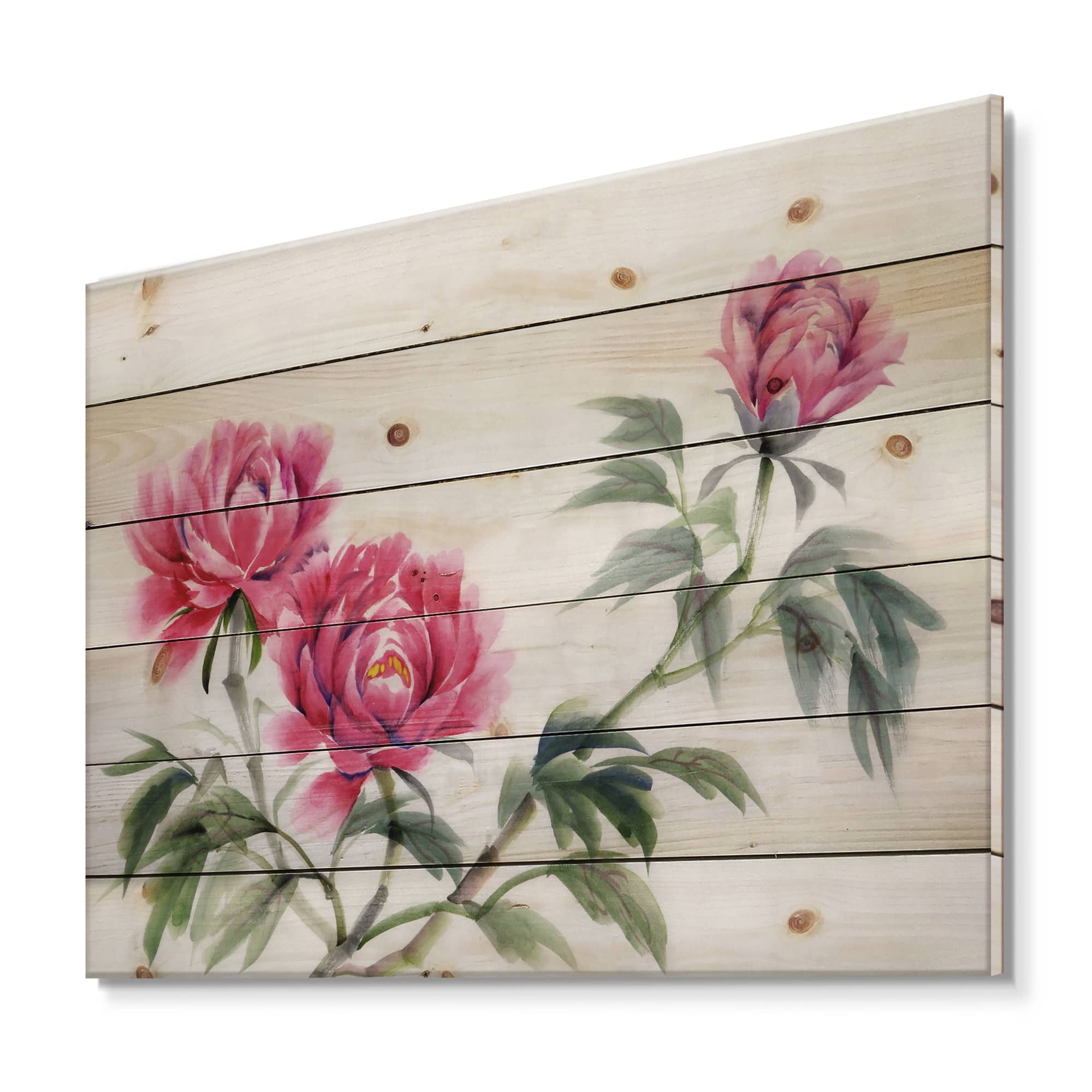 Designart - Three Vintage Peonies Flowers - Traditional Print on Natural Pine Wood