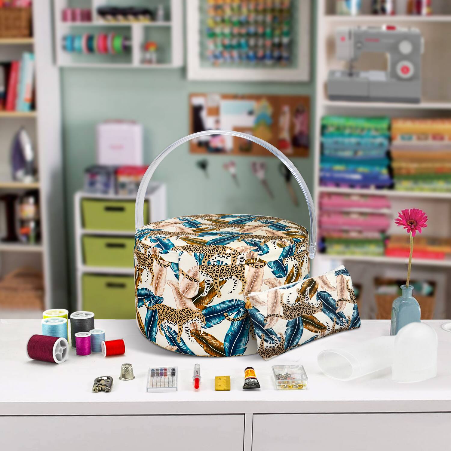 SINGER&#xAE; Large Jungle Print Premium Round Sewing Basket with Travel Sewing Kit