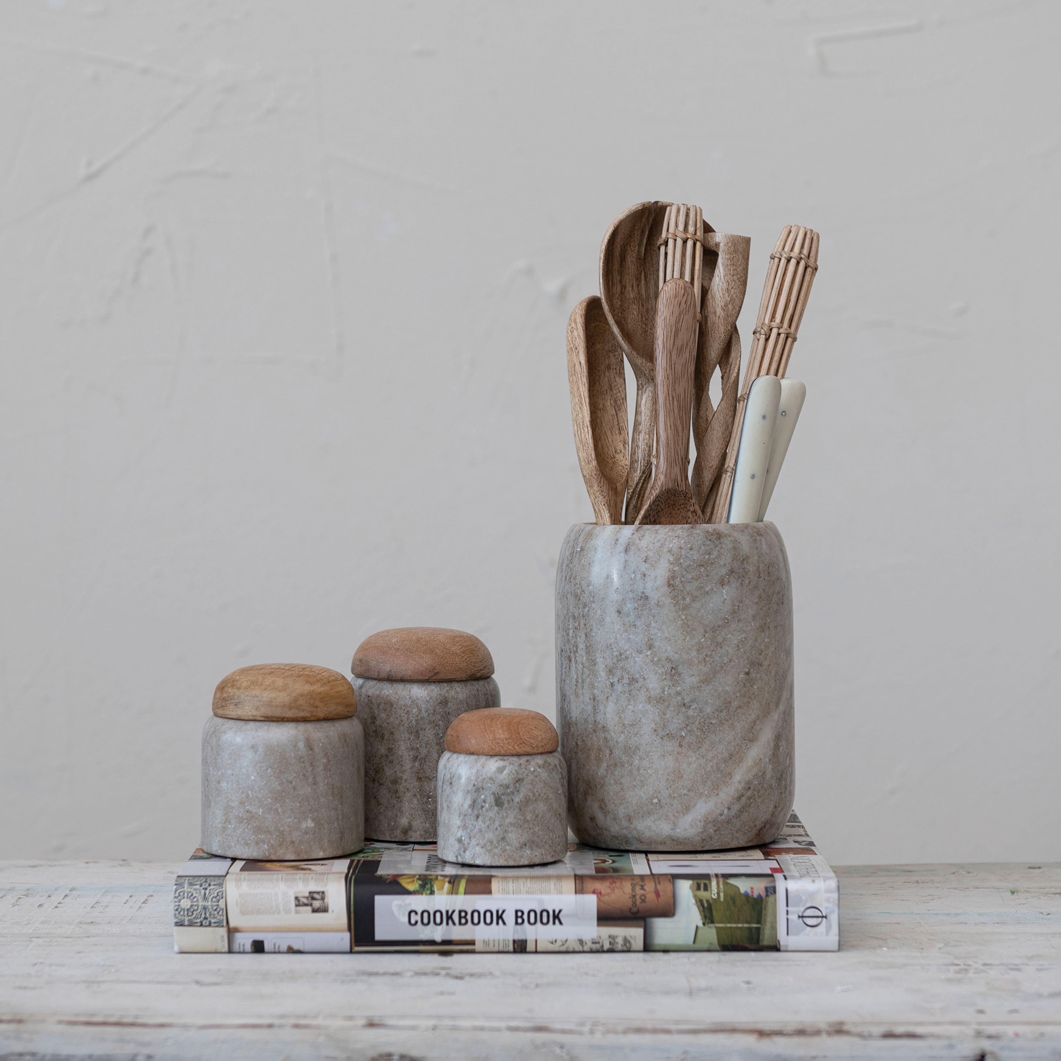 Modern Marble Canister with Wood Lid