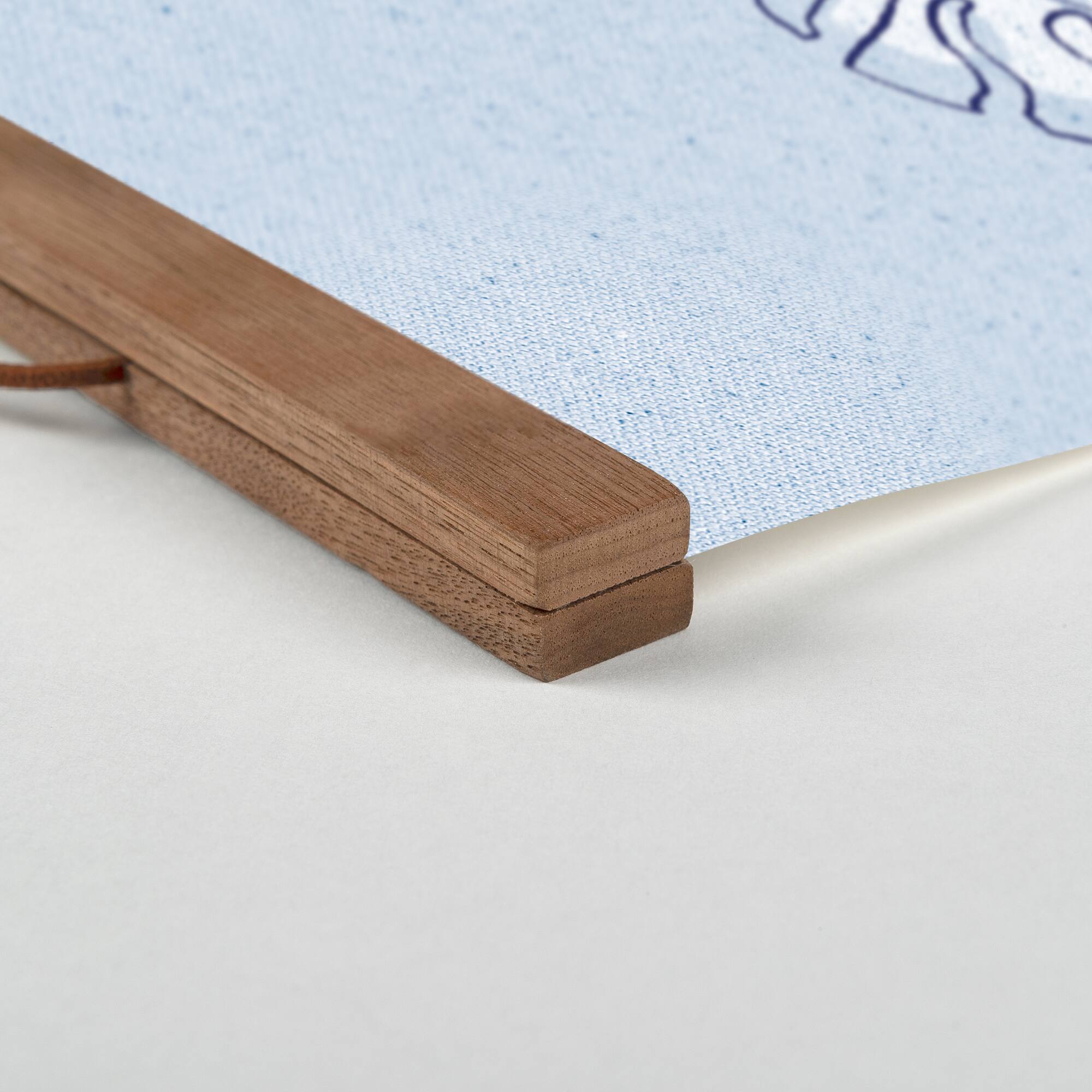 Blue Monstera Drawing Teak Hanging Canvas Wall Art