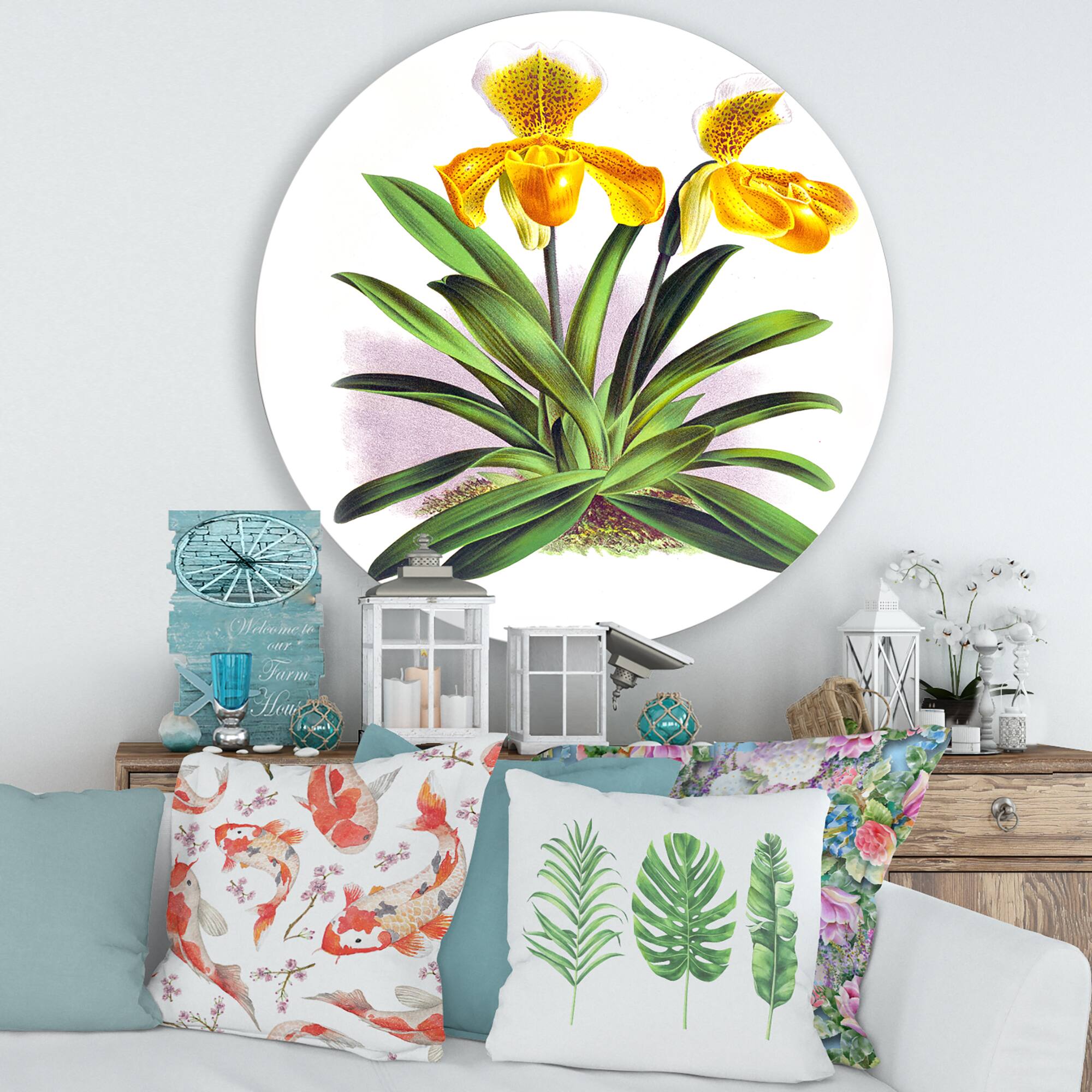 Designart - Vintage Yellow Orchid - Traditional Metal Circle Wall Art