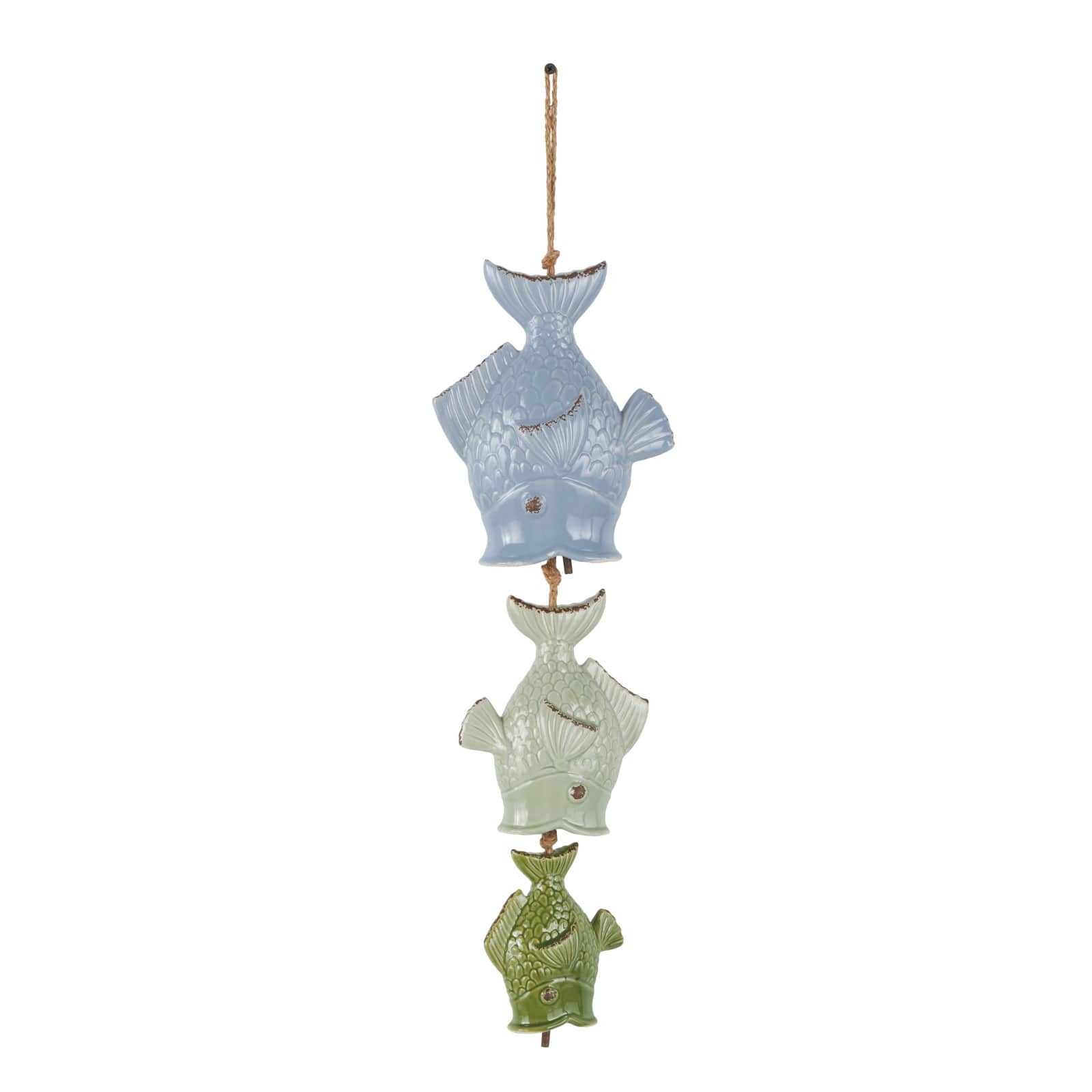 27" Green & Blue Ceramic Fish Windchime with Brown Rope