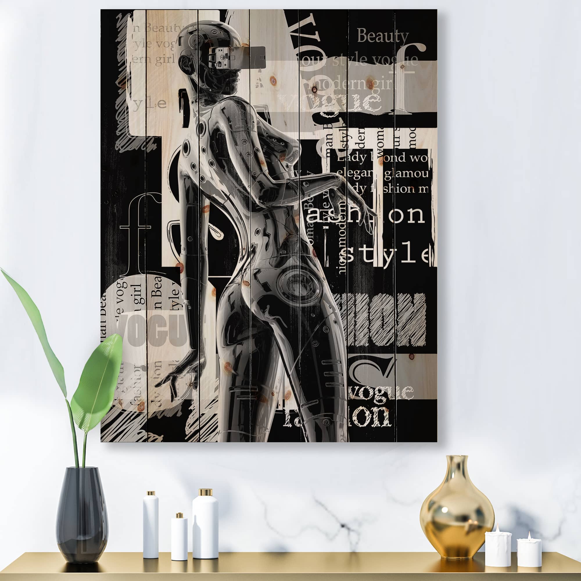 Designart - Monochrome Cyborg Body I - Modern Print on Natural Pine Wood
